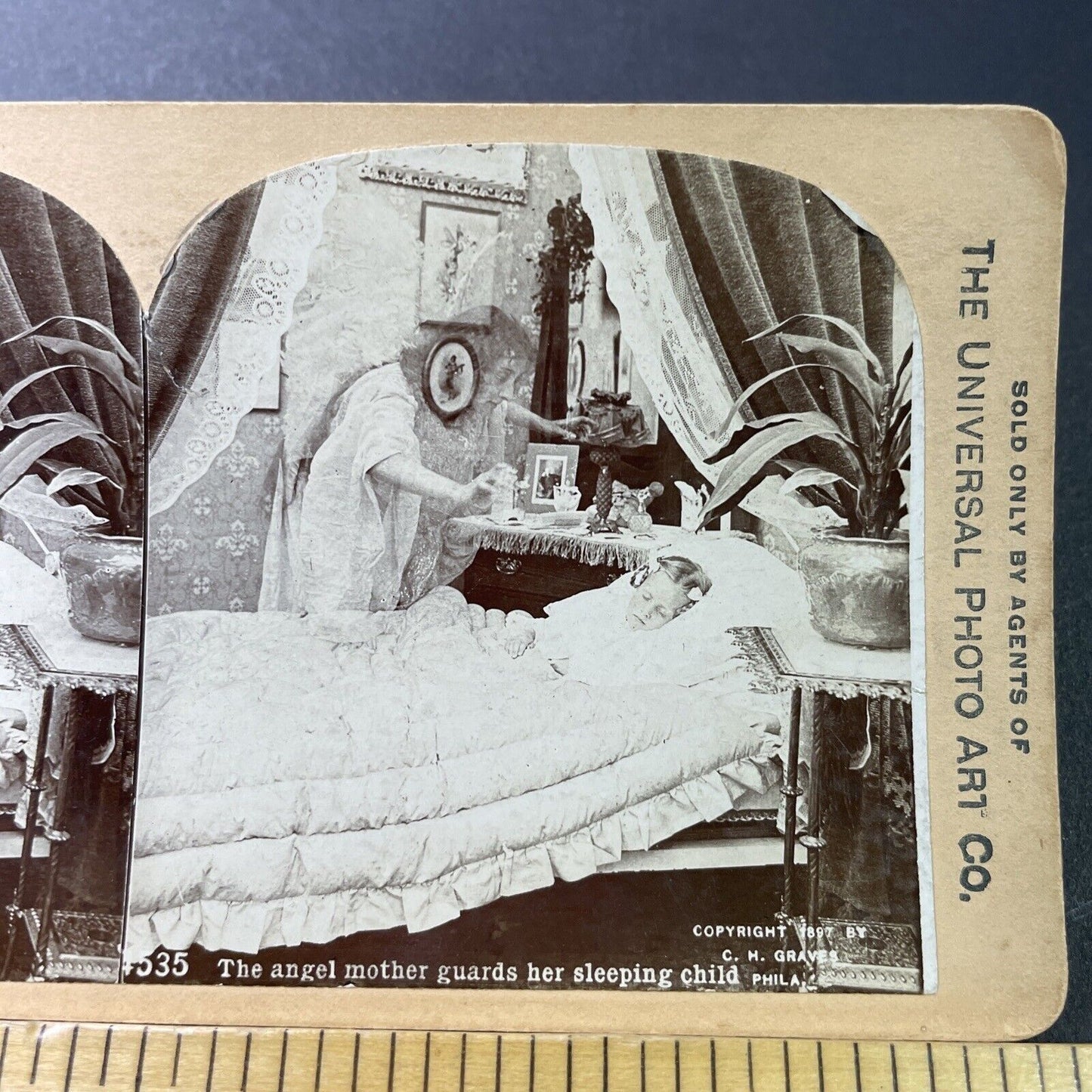 Antique 1897 Dead Mother Watches Sleeping Daughter Stereoview Photo Card P3395
