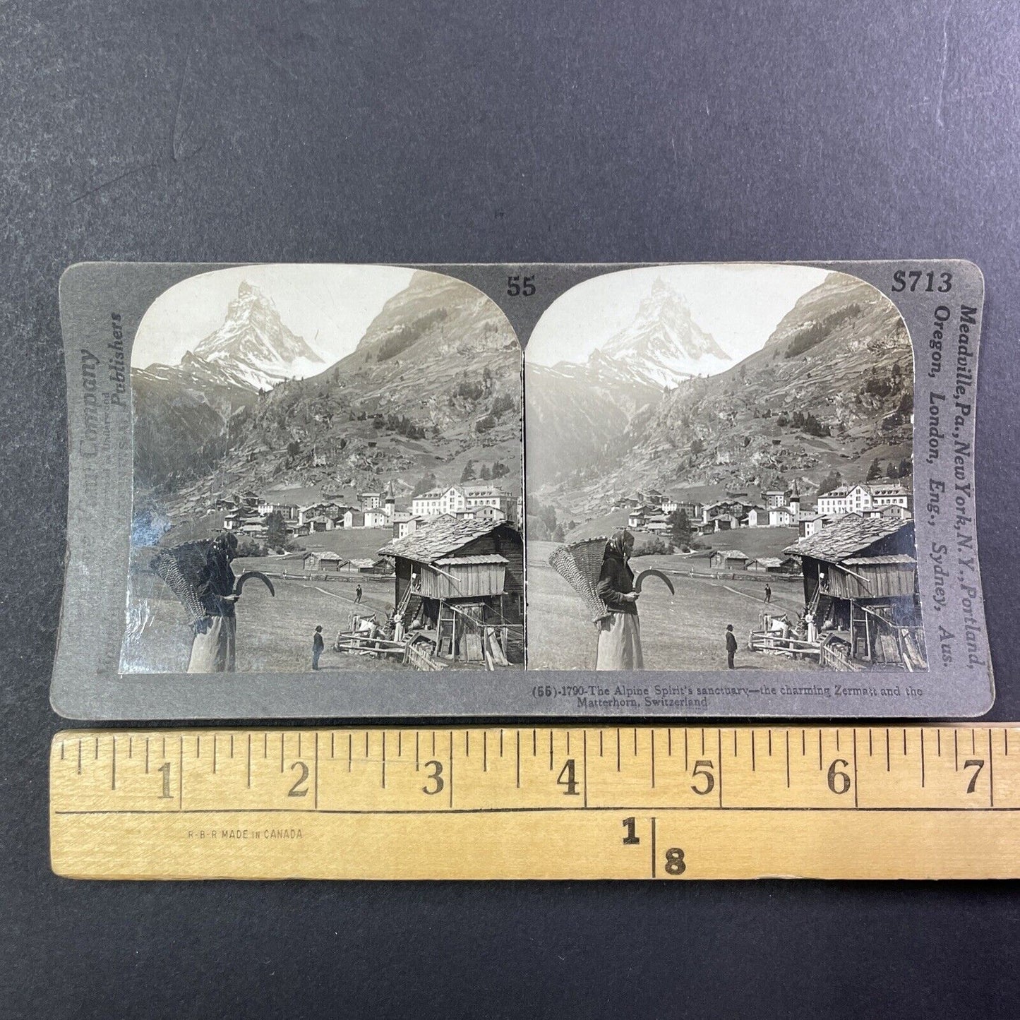 Woman with Scythe Matterhorn Zermatt Switzerland Stereoview Antique c1899 Y493