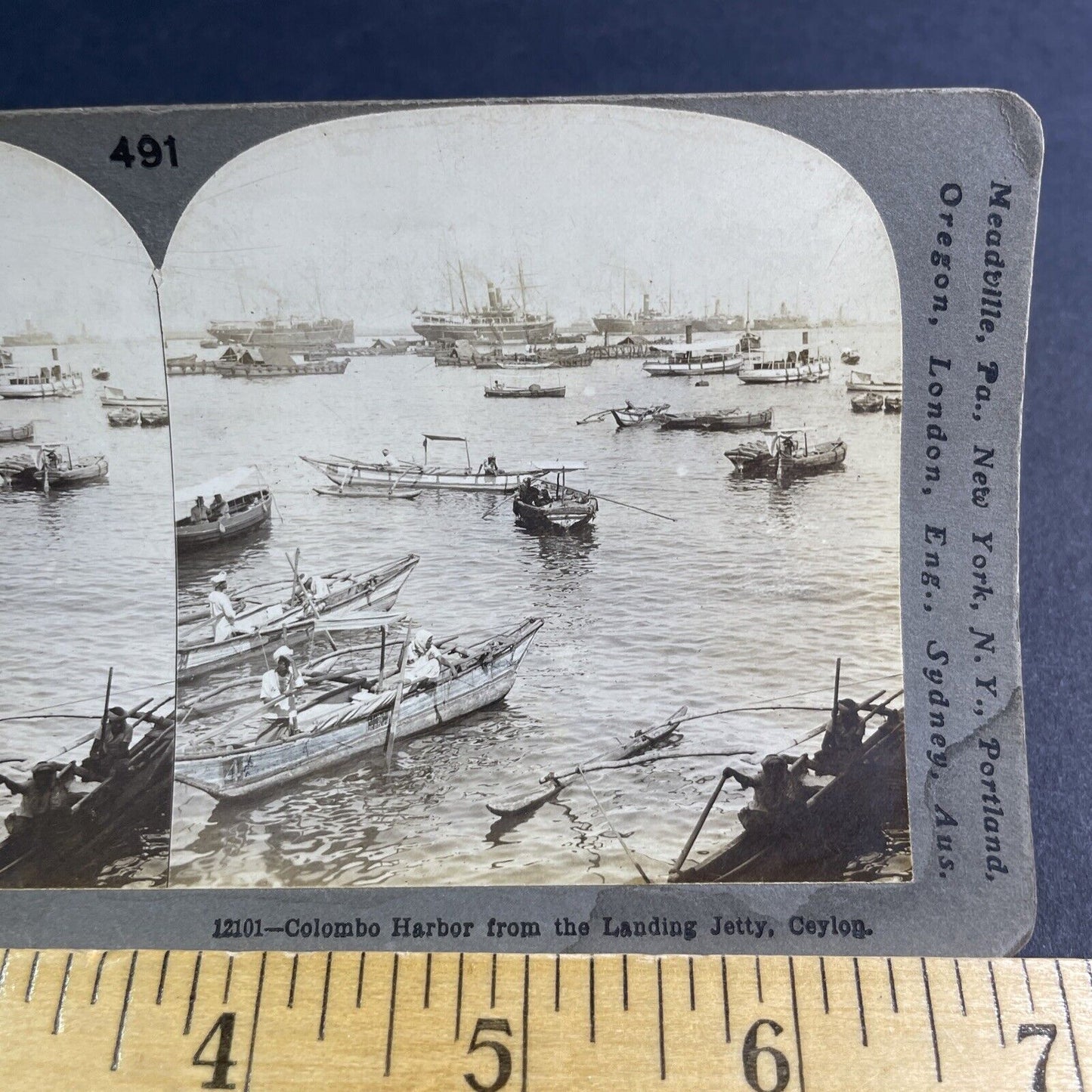 Antique 1901 Fishing Boats At Harbor Sri Lanka Stereoview Photo Card P2171