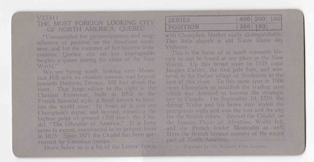 1903 Chateau Frontenac Dufferin Terrace Quebec City Canada Stereo Card P409