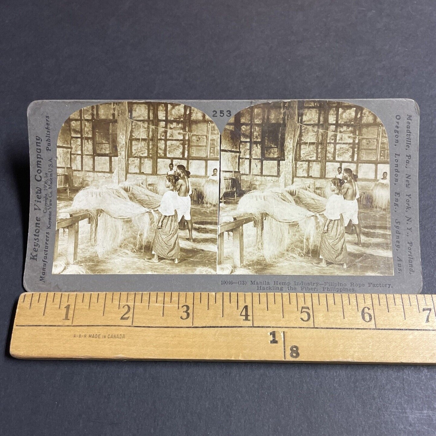 Antique 1906 Pinay Pinoy Woman Weaving Hemp Stereoview Photo Card P4477