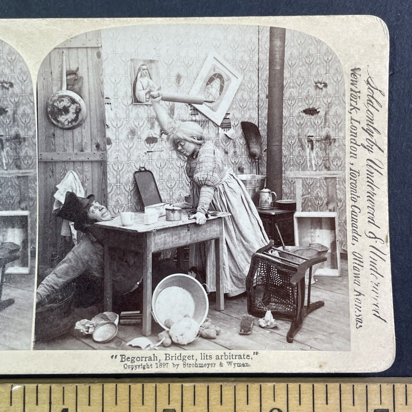 Lot of 2 Woman Beats Man with Rolling Pin Stereoview Series c1897 Y1392