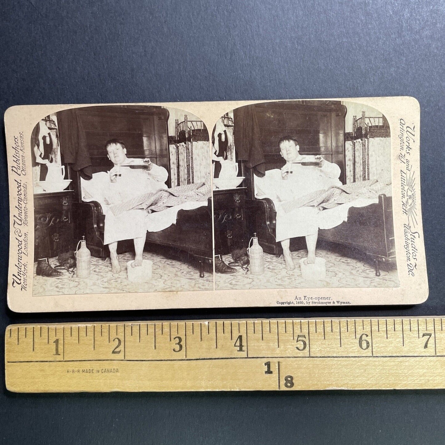 Antique 1895 Boy Wakes Up Drinking Whiskey Stereoview Photo Card P1642