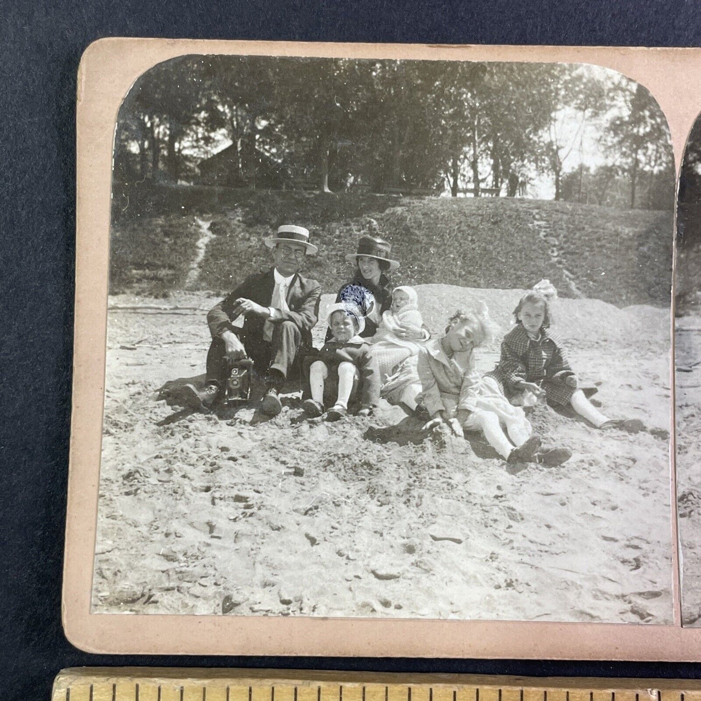 Family on a Beach Grimsby Park Ontario Canada Stereoview Antique c1913 Y2734