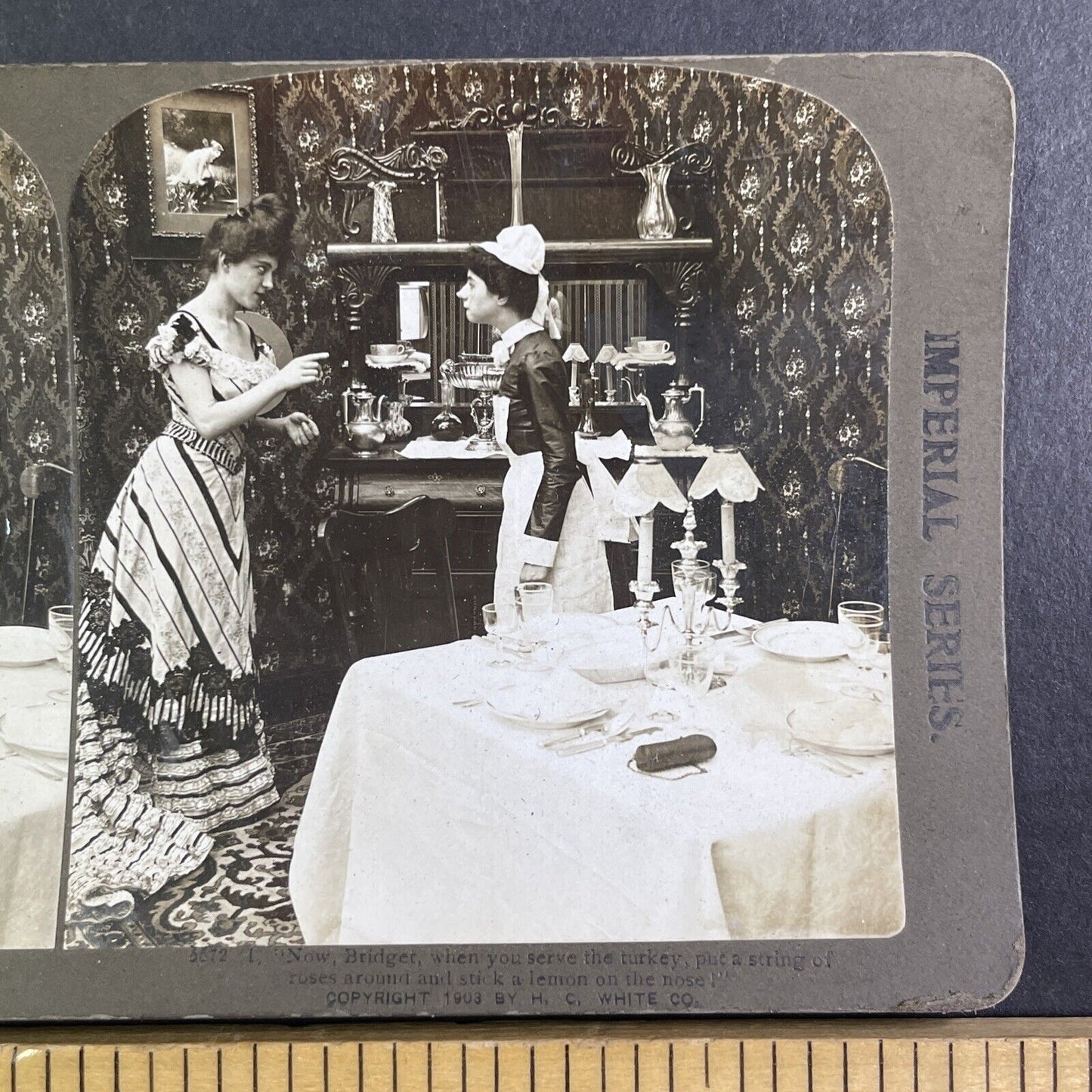 Maid and Mistress Argue over the Table Settings Stereoview Antique c1903 Y1221