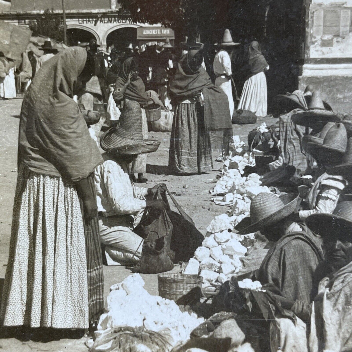 Antique 1909 Trading Salt At Market Cuernavaca Mexico Stereoview Photo Card 2066