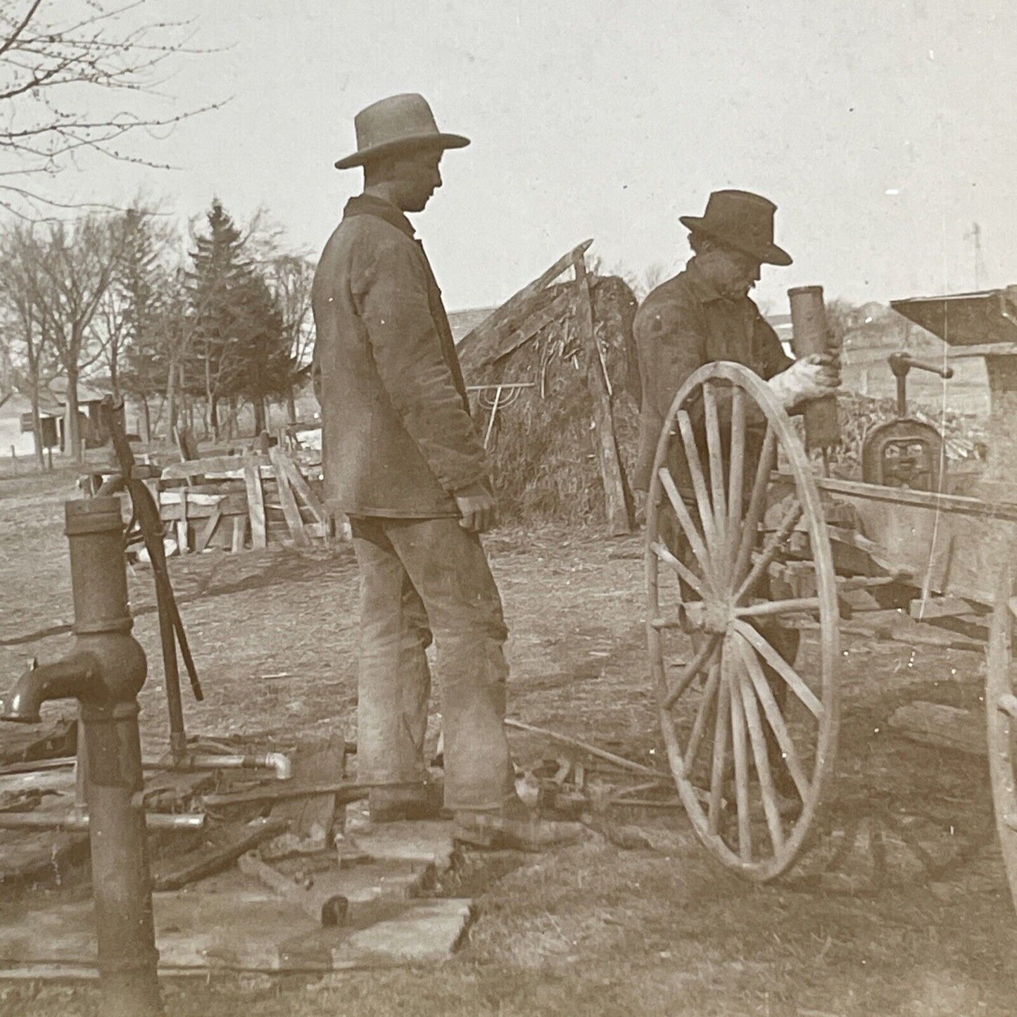Farmers Fixing A Water Well Stereoview Sharon Wisconsin Antique c1910 X1603