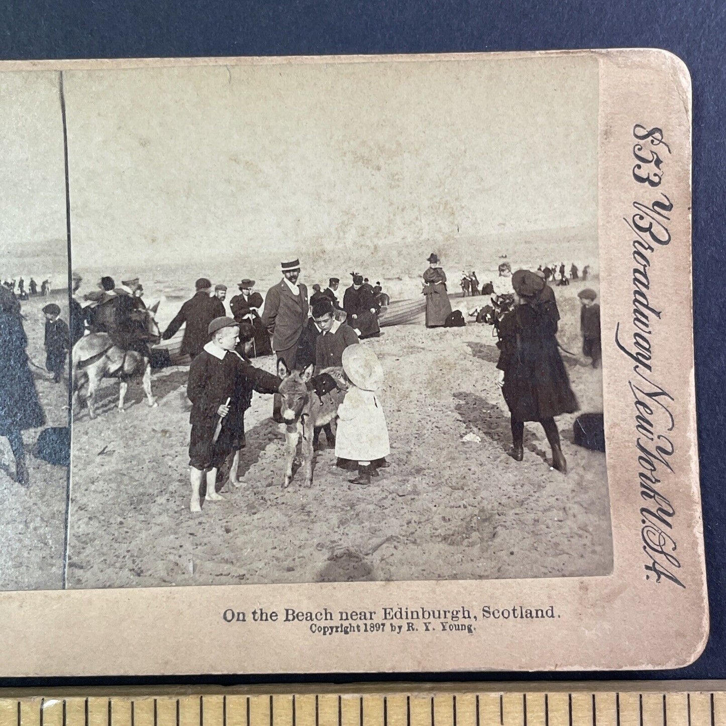Beach Scene with Donkey Stereoview Edinburgh Scotland Antique c1897 Y960