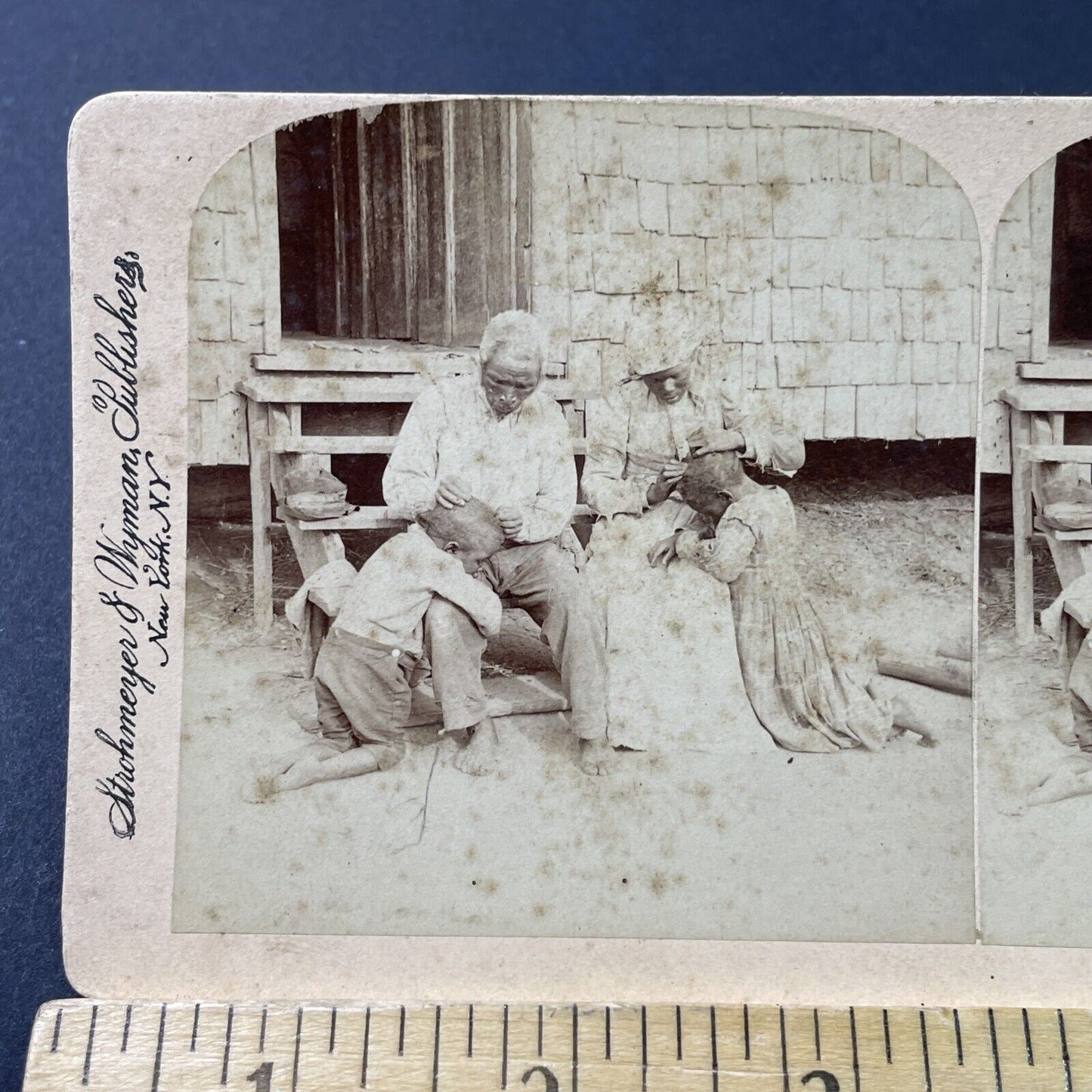 Antique 1895 Grandparents Search Kids For Head Lice Stereoview Photo Card P2830