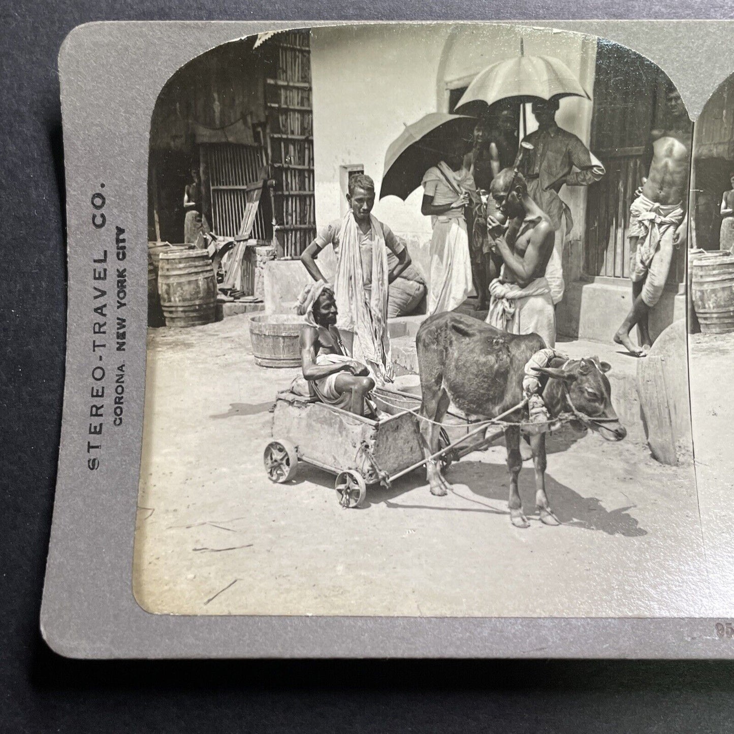 Antique 1908 Man In Ox Cart Wheelchair In Calcutta Stereoview Photo Card P1358