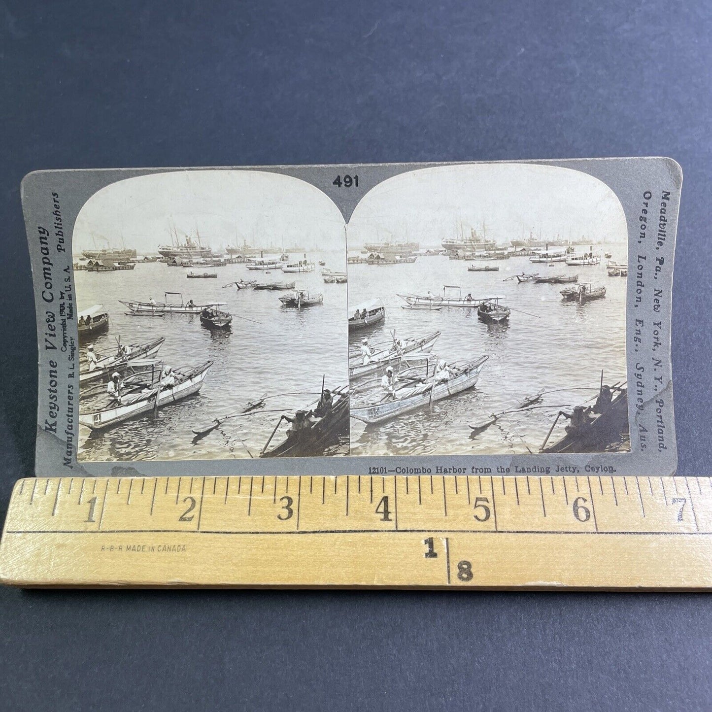 Antique 1901 Fishing Boats At Harbor Sri Lanka Stereoview Photo Card P2171