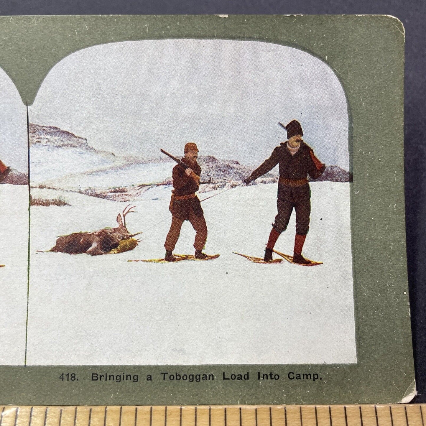 Antique 1910s Snowshoe Hunters Drag Elk Stereoview Photo Card V3337