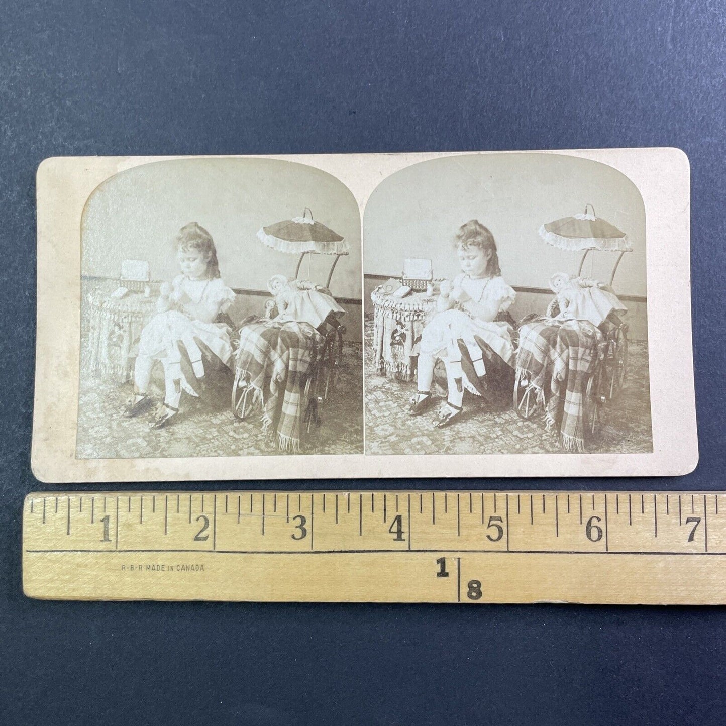 Little Girl Mending Doll Clothes Stereoview Victorian Dolls Antique c1880 Y457
