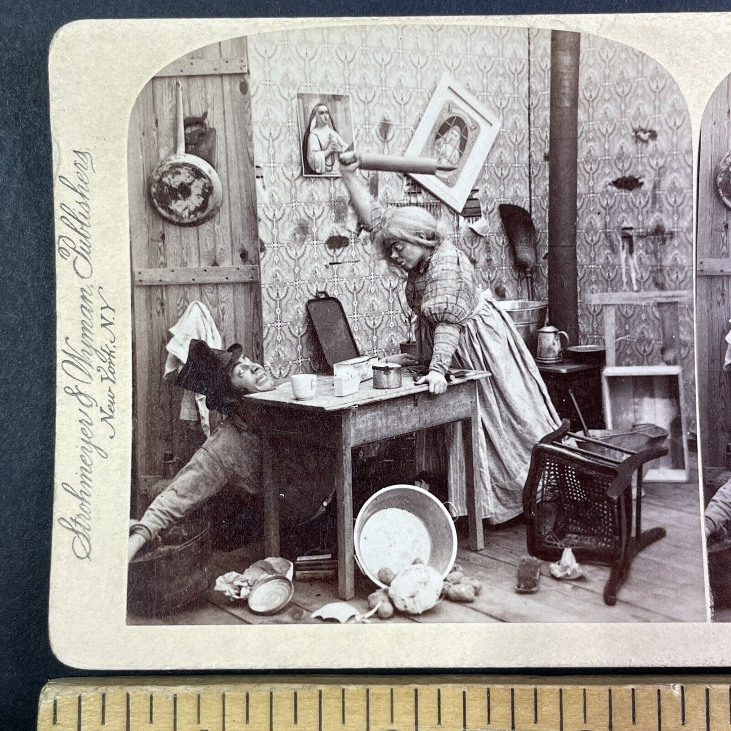 Lot of 2 Woman Beats Man with Rolling Pin Stereoview Series c1897 Y1392