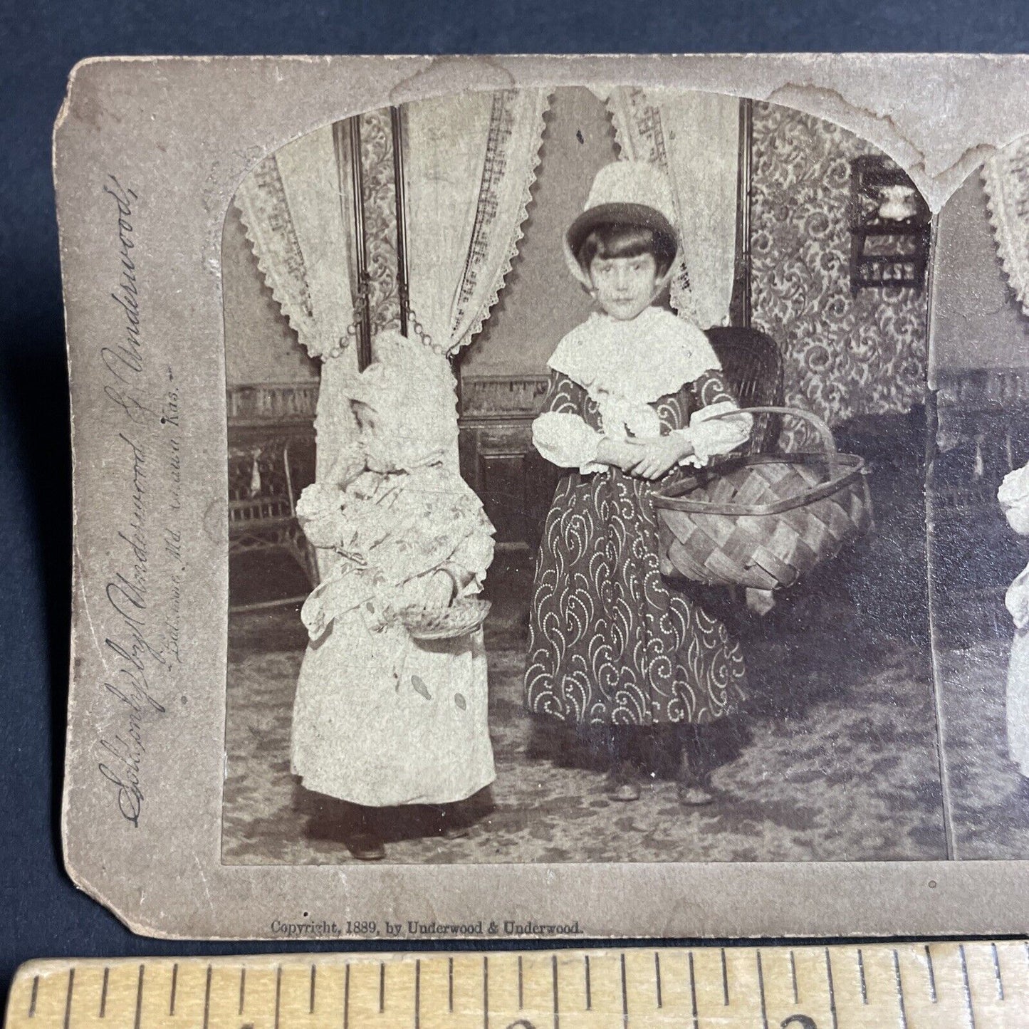 Antique 1889 Children Dressed For Easter Market Stereoview Photo Card P4752