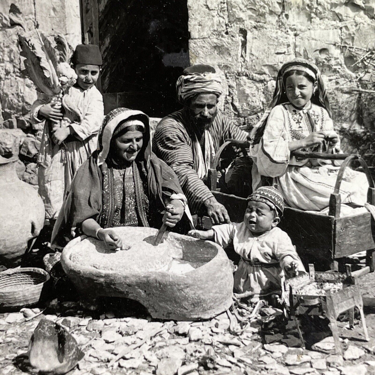 Antique 1918 Palestinian Wheat Grinding Technique Stereoview Photo Card P1726
