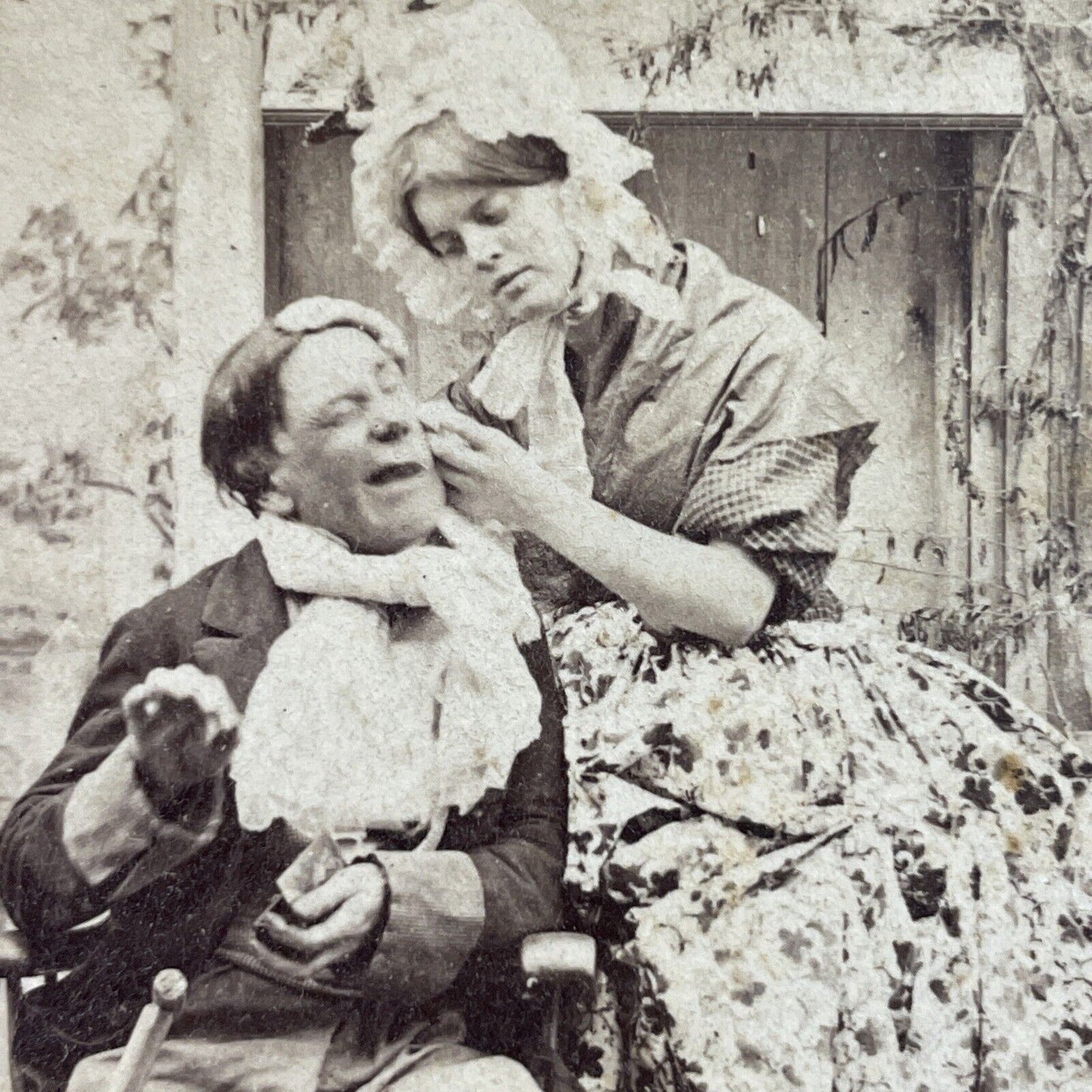 Antique 1870s Woman Treats A Man's Pimple Stereoview Photo Card P3974