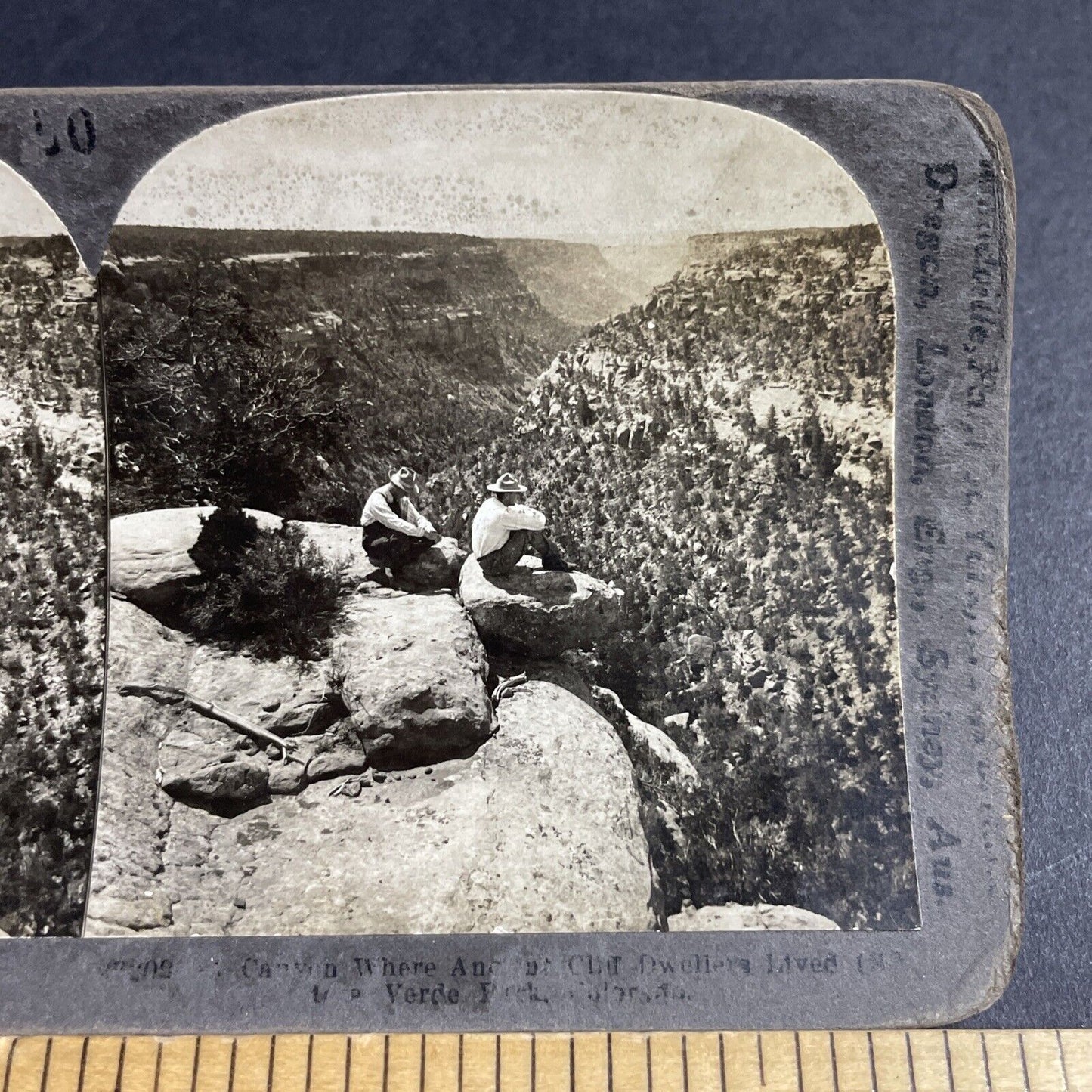 Antique 1910s Man On Cliff Edge Mesa Verde Colorado Stereoview Photo Card P4339