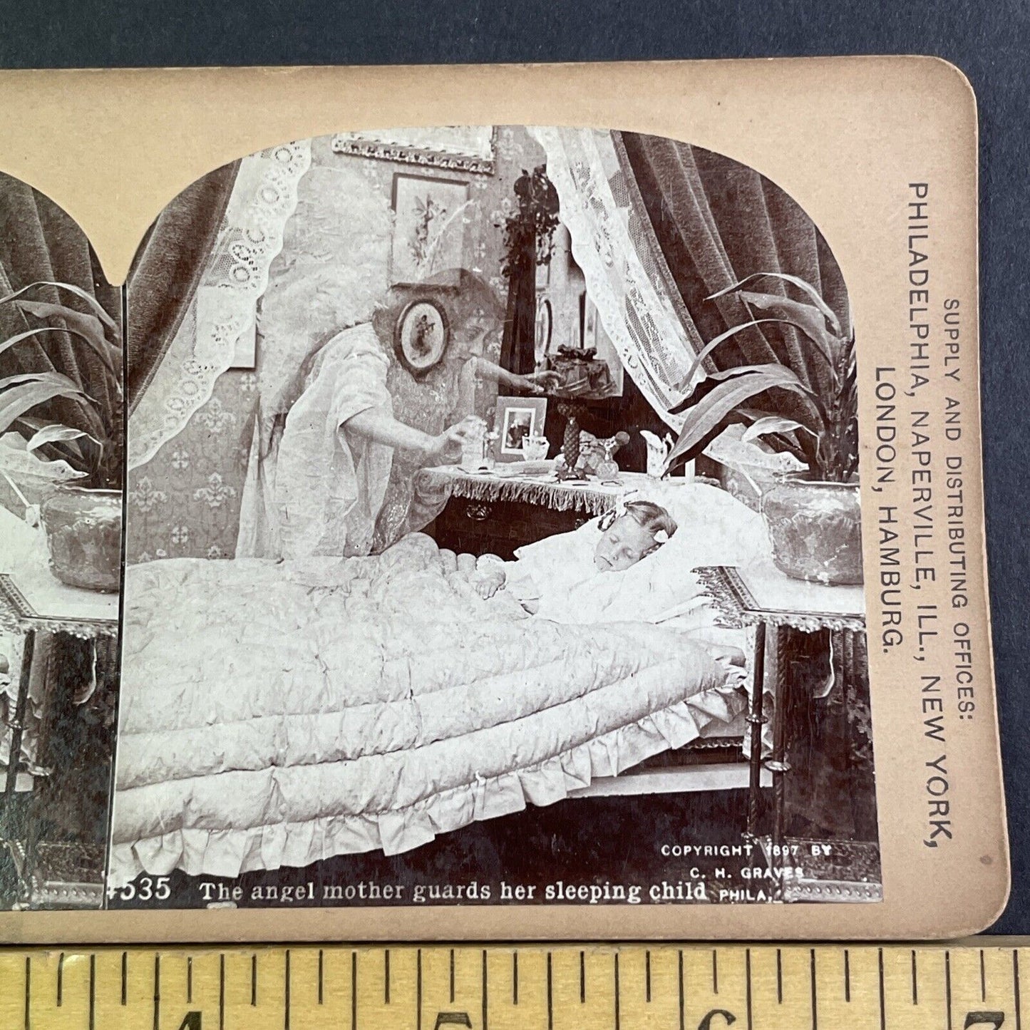 Dead Mother Ghost Hovers Over Her Child Stereoview Antique c1897 X2849