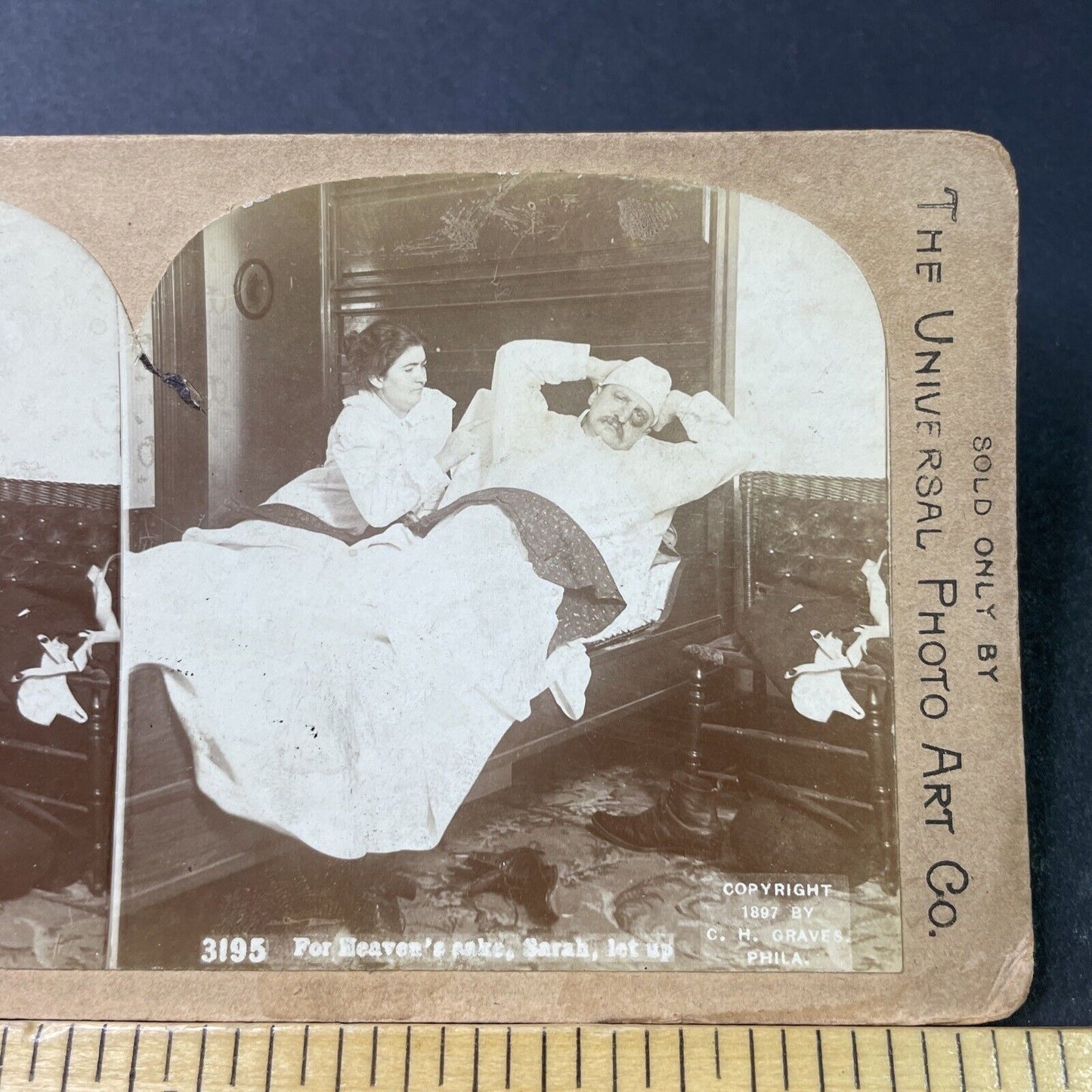 Antique 1897 Wife Scolds Drunk & Beaten Up Husband Stereoview Photo Card P2987