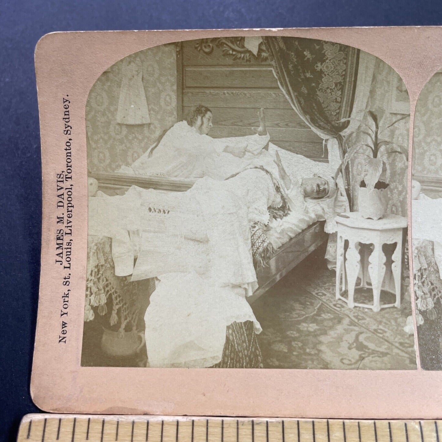 Antique 1897 Woman Yells At Drunk Man In Bed Stereoview Photo Card P4121