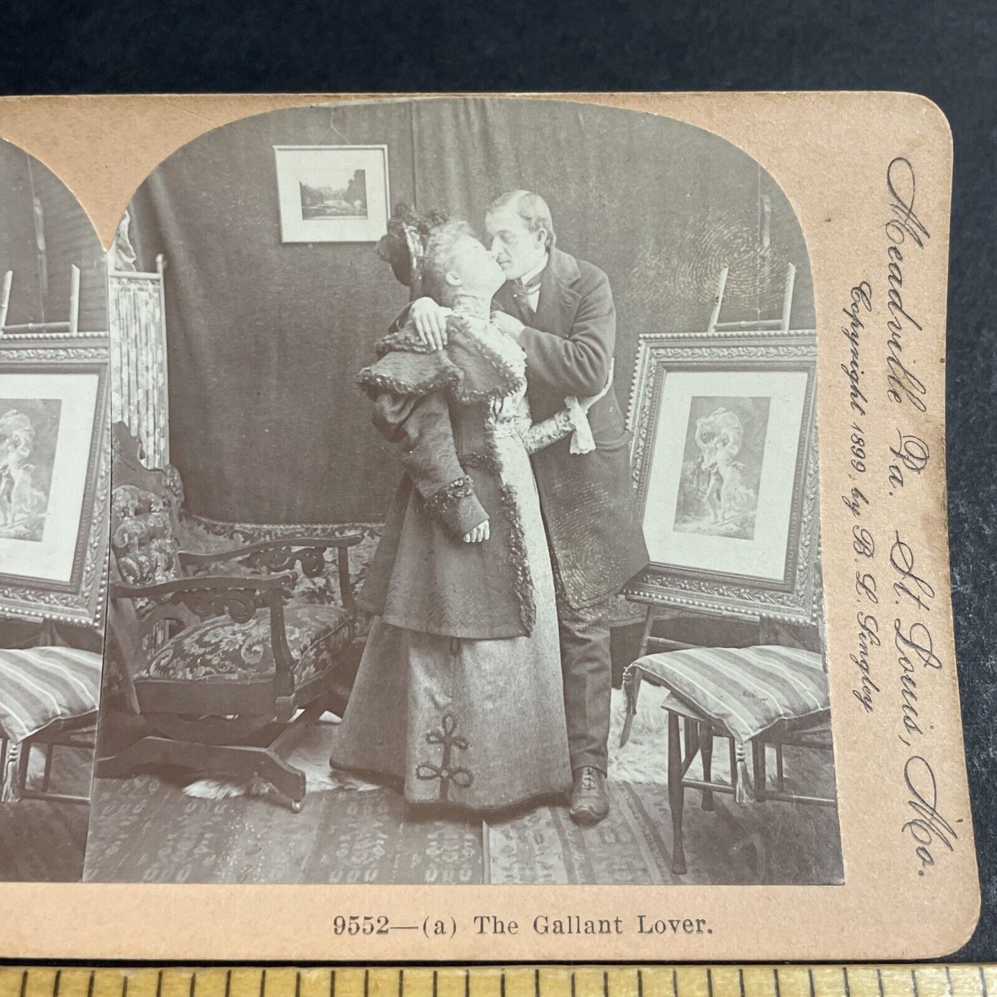 Antique 1899 Man Kisses Wealthy Woman Stereoview Photo Card P4652