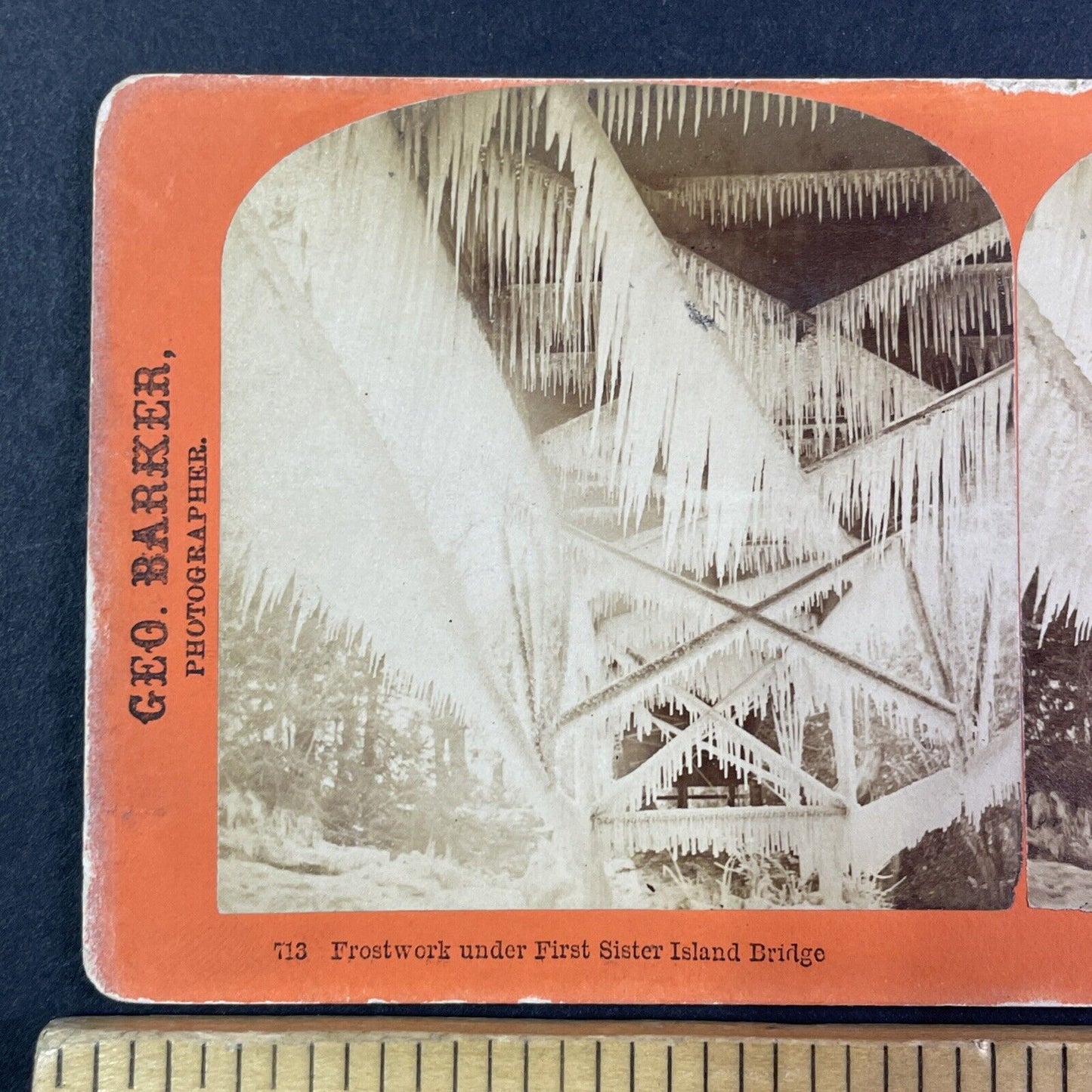 Sister Island Bridge Icicles Niagara Falls Stereoview George Barker c1870s Y2458