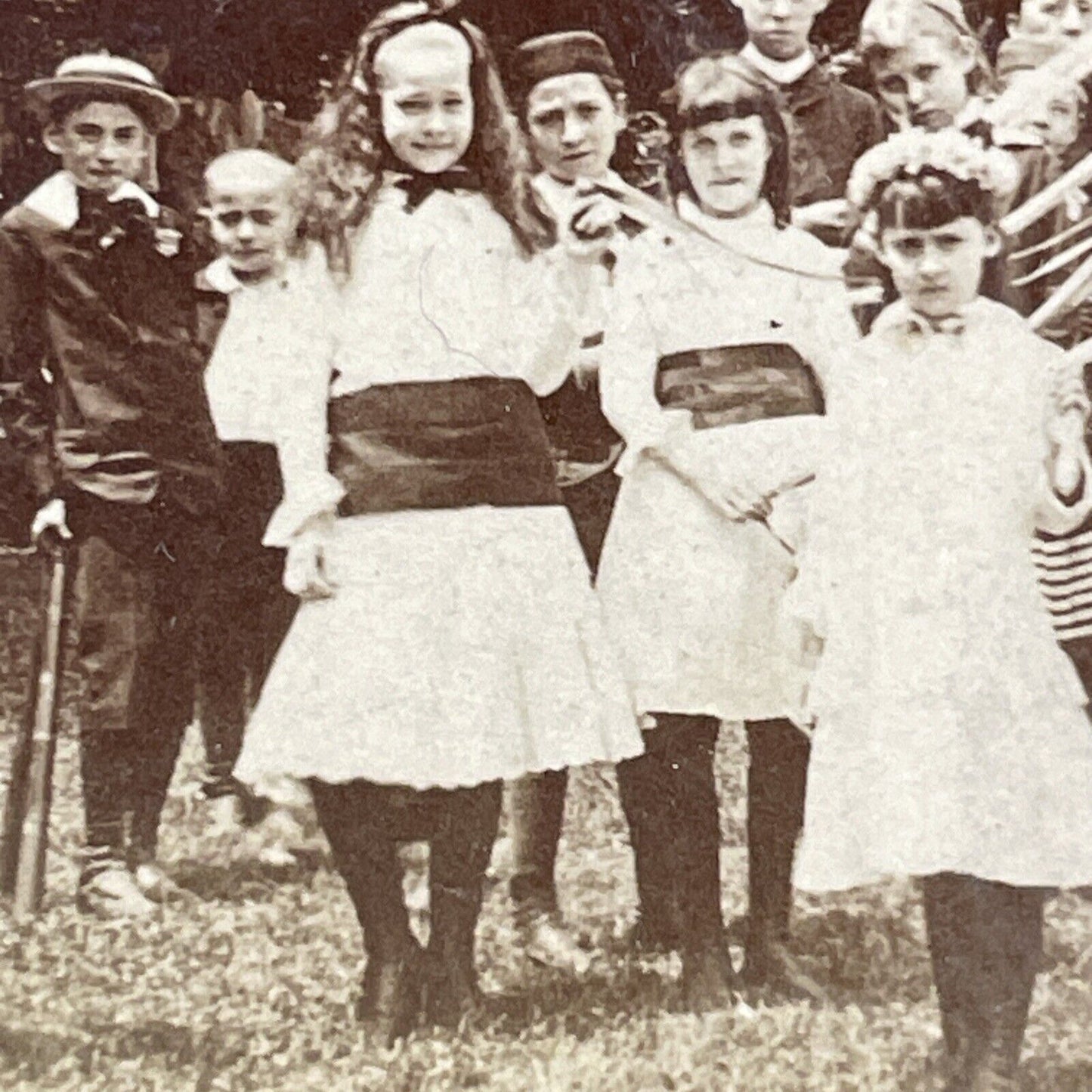 Girls Maypole Dance Boys with Baseball Equipment Stereoview Antique c1886 X4095