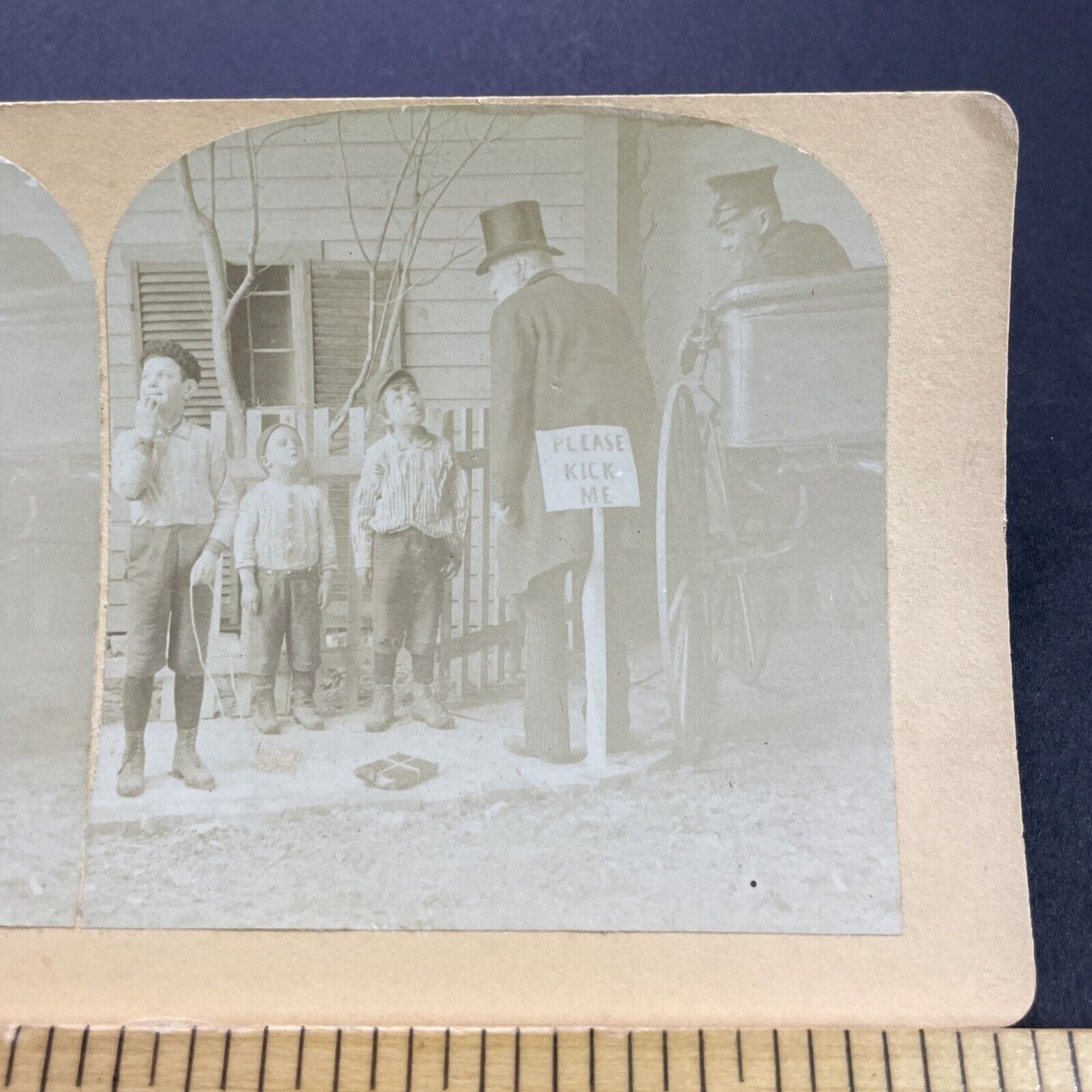 Antique 1860s Boys Put 'Kick Me' Sign On Banker Stereoview Photo Card P3543