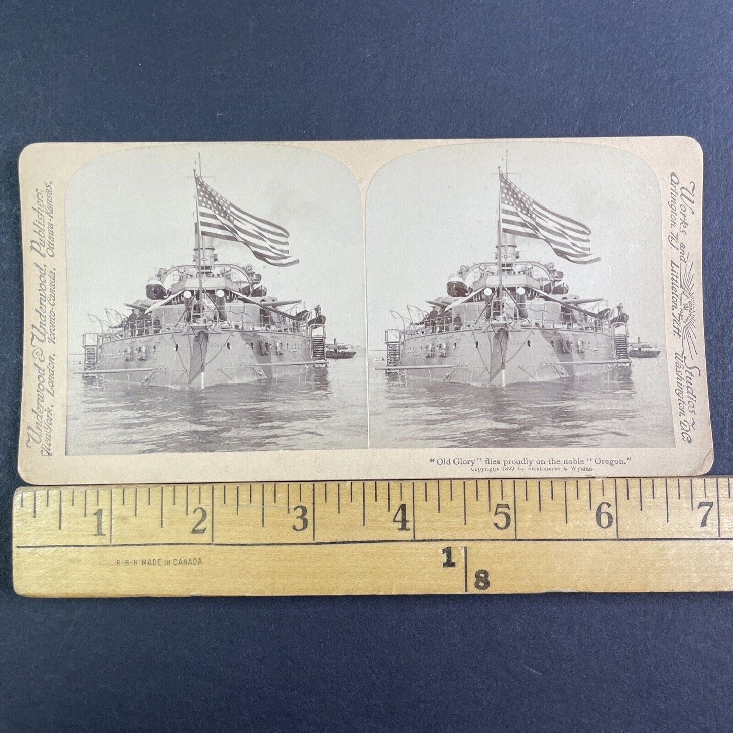 USS Oregon Navy Battleship Stereoview American Flag Antique c1899 X3123