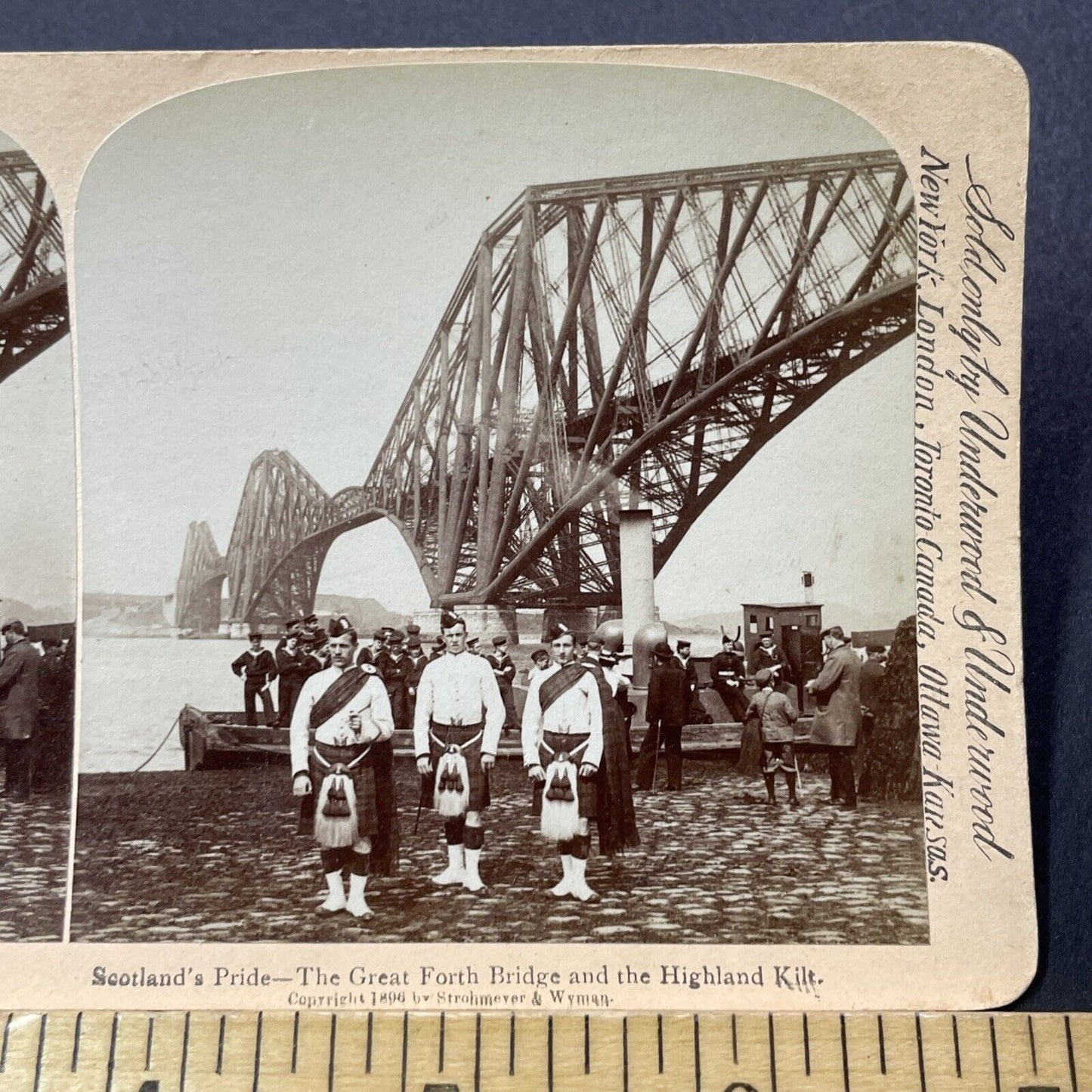 Antique 1896 Scottish Highlander Soldiers Pipers Stereoview Photo Card V3263