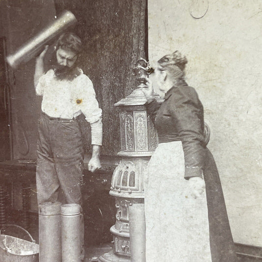 Antique 1892 Man Smashes Stove Pipes Broken Fireplace Stereoview Photo Card 3977