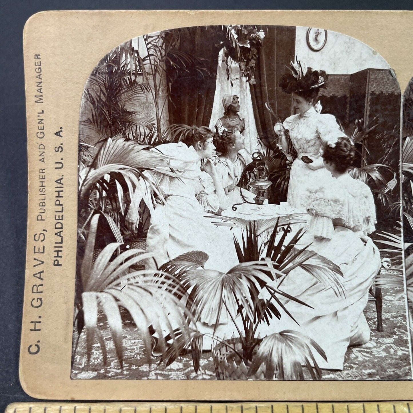 Antique 1897 Women Have Formal Tea Time Stereoview Photo Card P3358