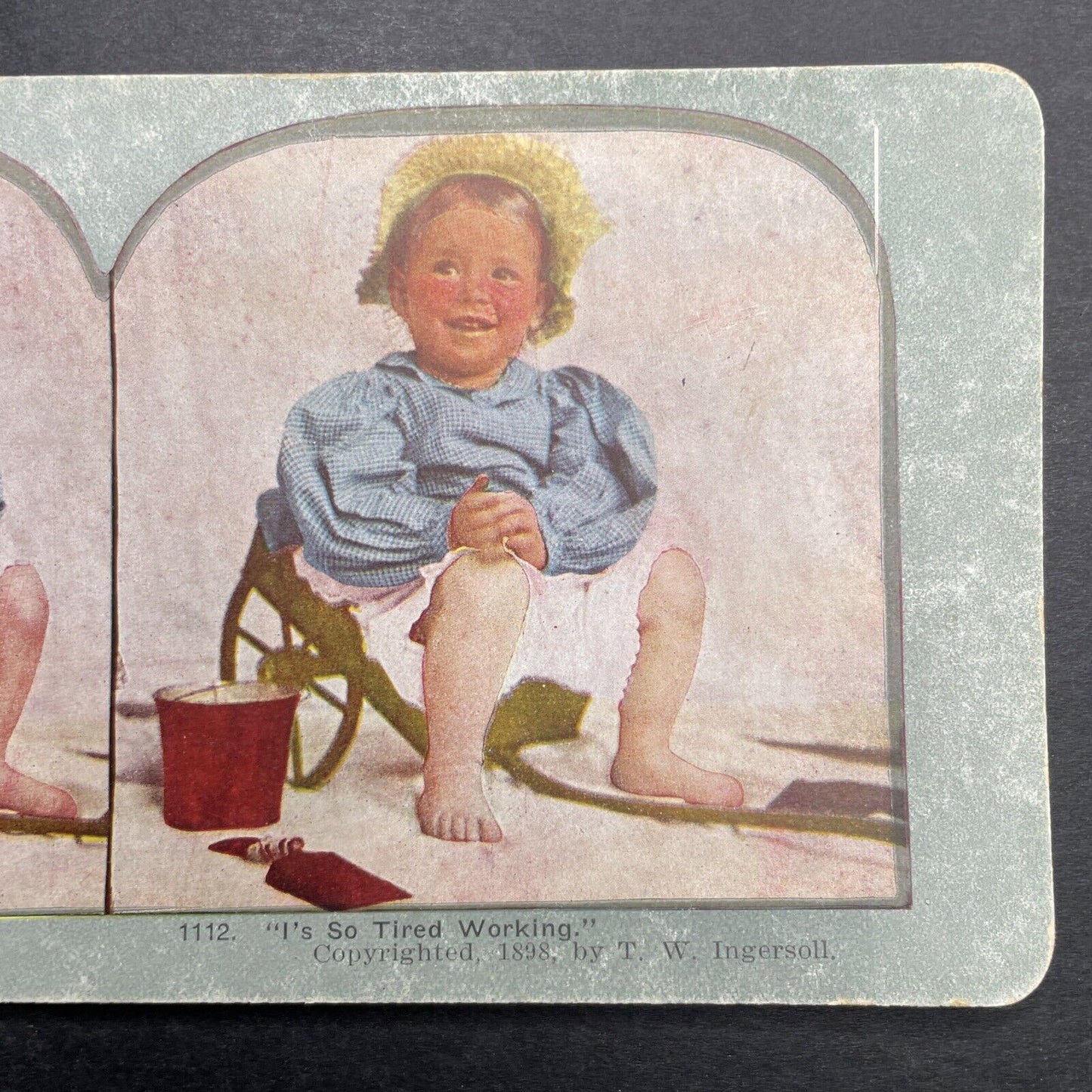 Antique 1898 Child Sitting In A Small Wagon Stereoview Photo Card P1238