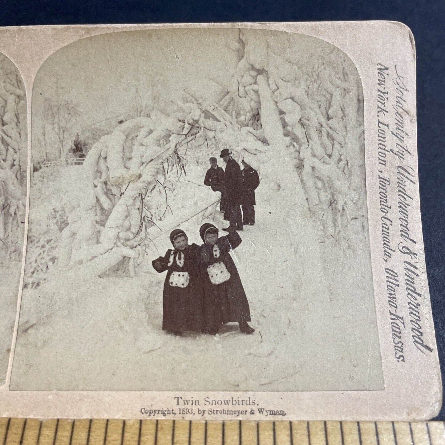 Antique 1893 Two Twins In Snow Snowstorm Stereoview Photo Card P4261