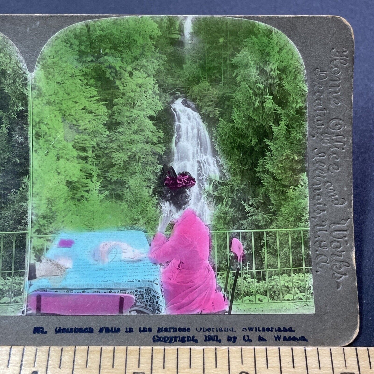 Antique 1901 Woman Drinking Tea At Waterfall Stereoview Photo Card V3336