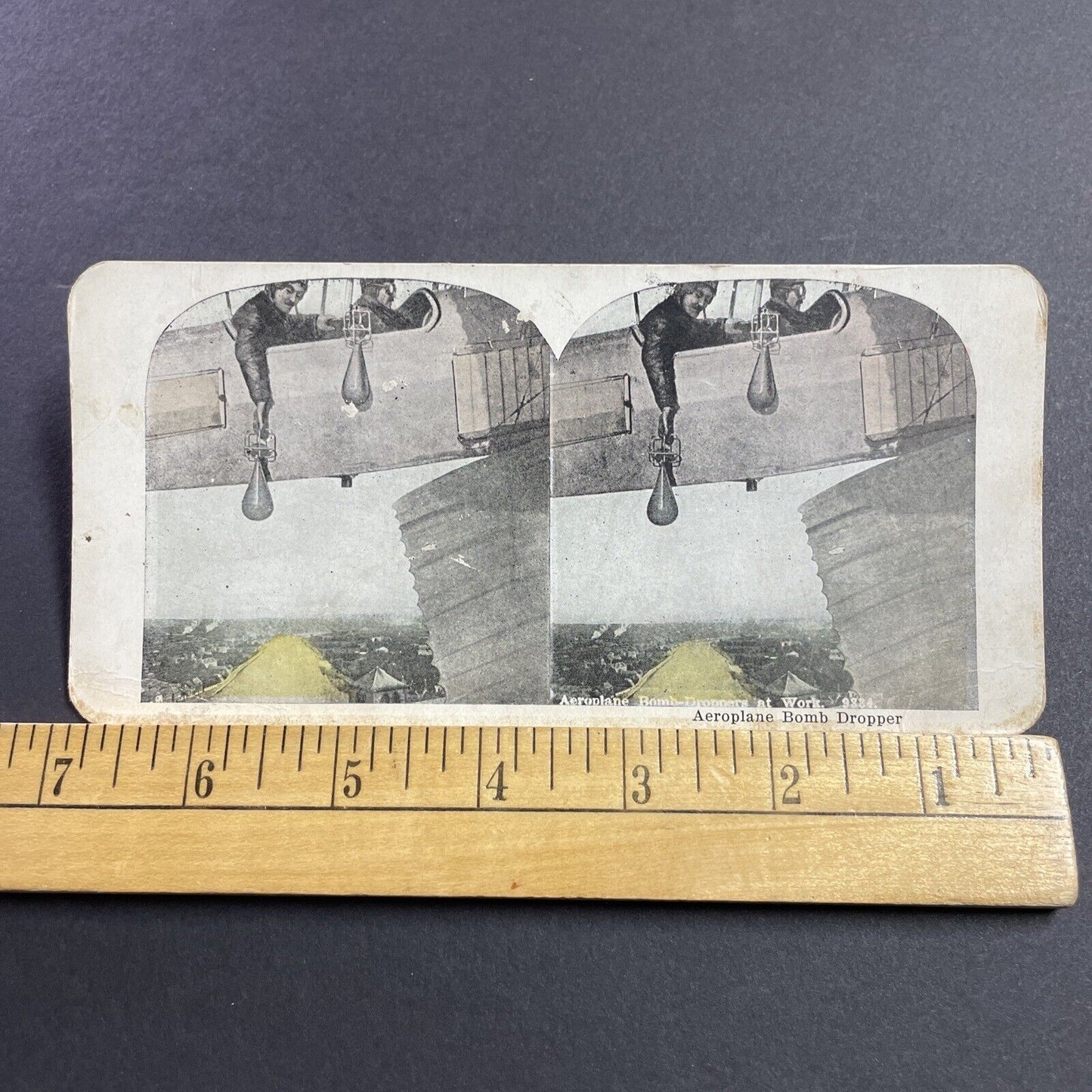 Antique 1906 Men Dropping Bombs From Early Airplane Stereoview Photo Card Q2249