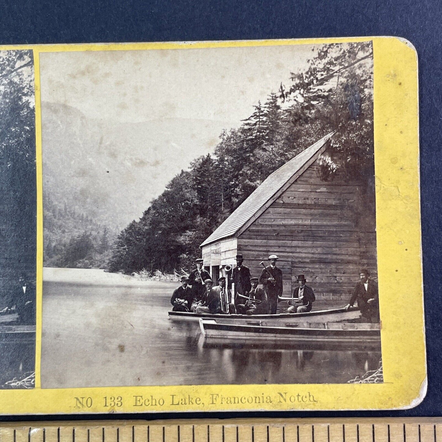 Concert Band on Echo Lake Franconia Notch Stereoview New Hampshire c1870s Y941