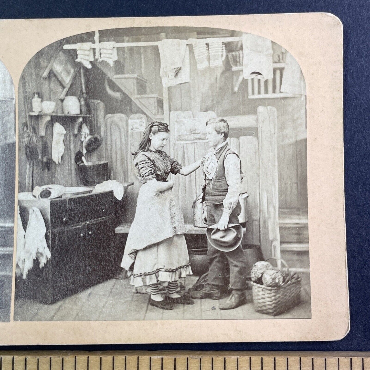 Young Woman Washes Mud off Young Man's Shirt Stereoview Antique c1872 Y1313