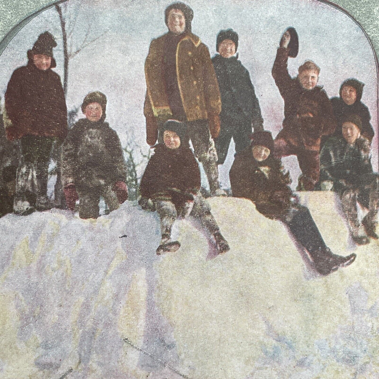 Antique 1892 Children On Top Of A Snow Fort Stereoview Photo Card P1227