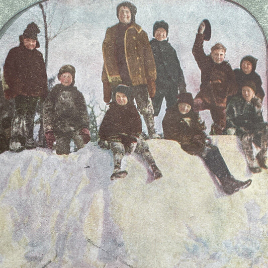 Antique 1892 Children On Top Of A Snow Fort Stereoview Photo Card P1227
