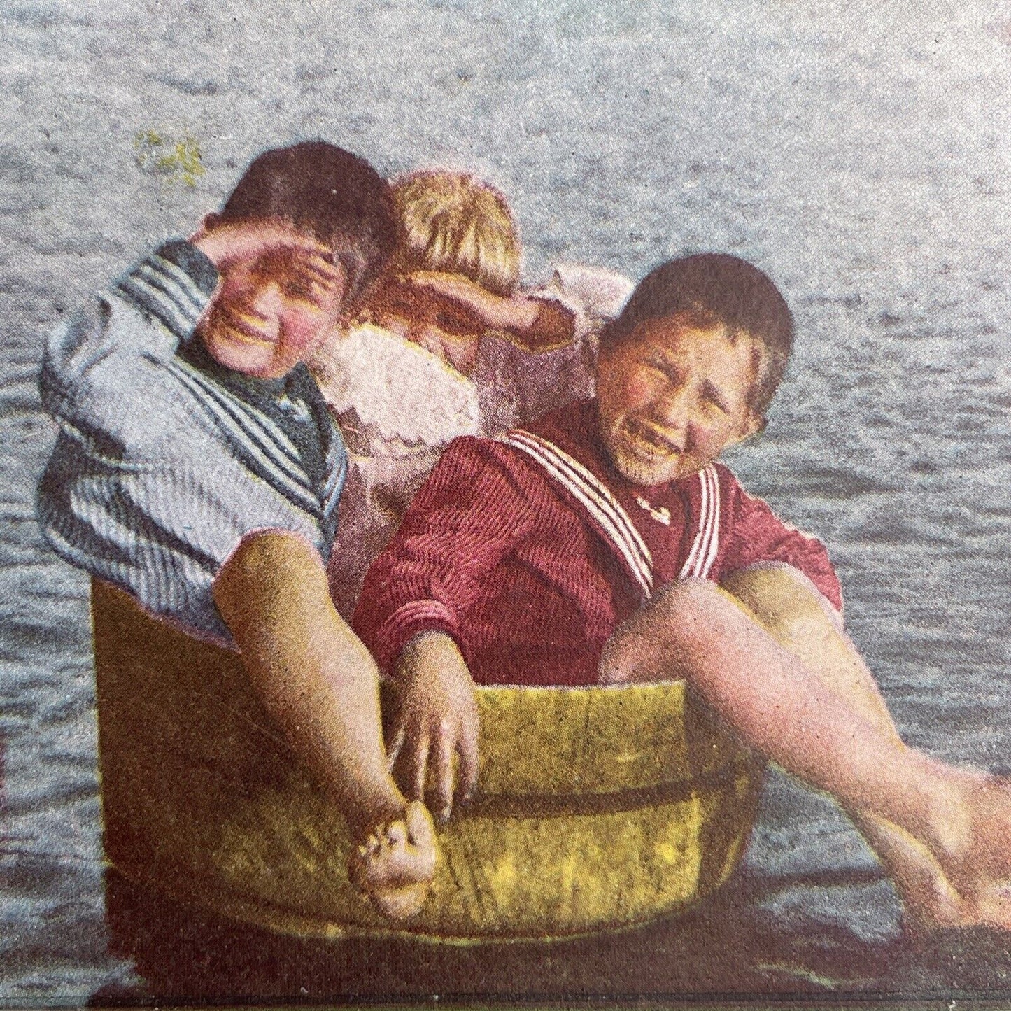 Antique 1898 Boys In A Wash Bucket Boat Stereoview Photo Card P580-041