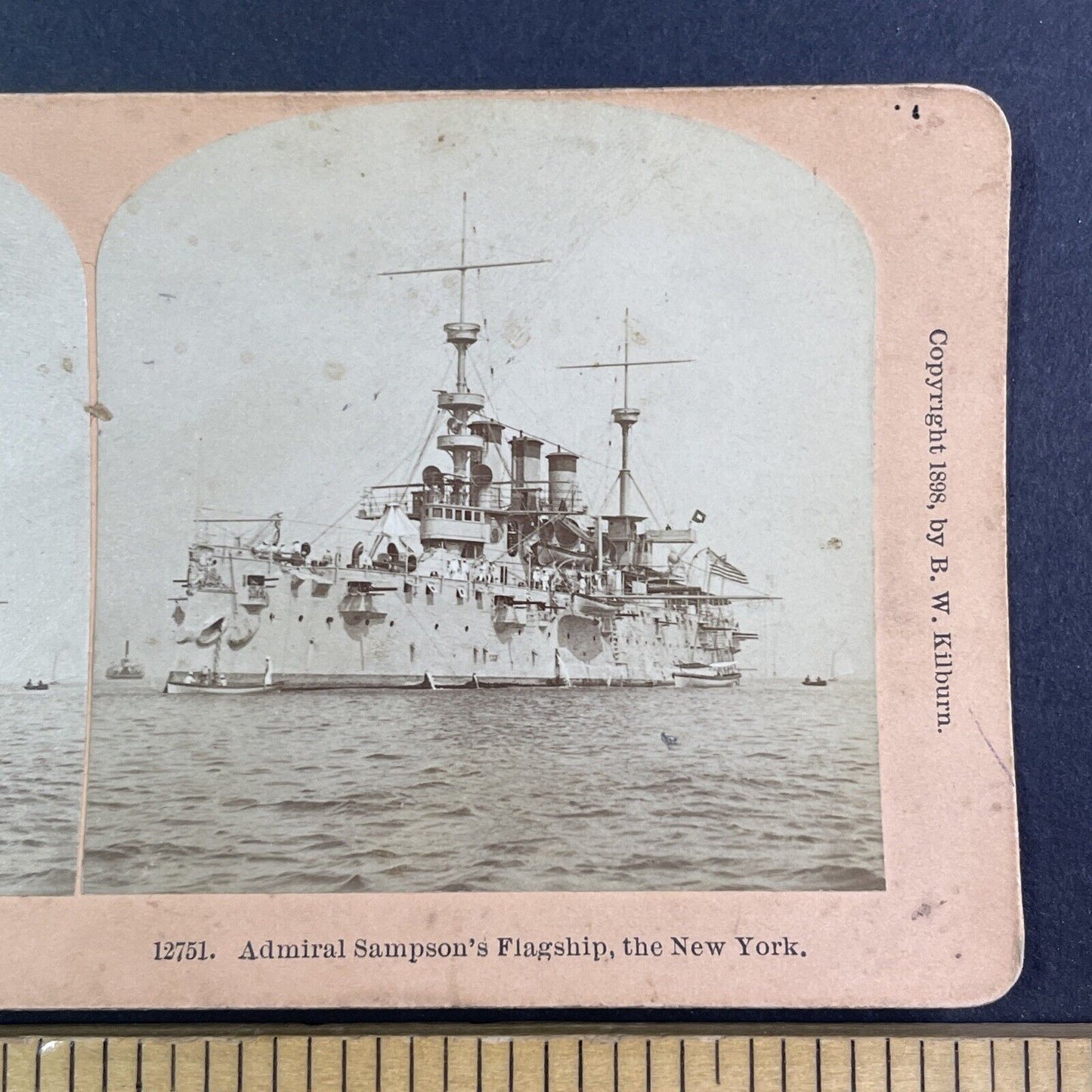 USS New York Navy Armored Cruiser Ship Stereoview Antique c1898 Y3022