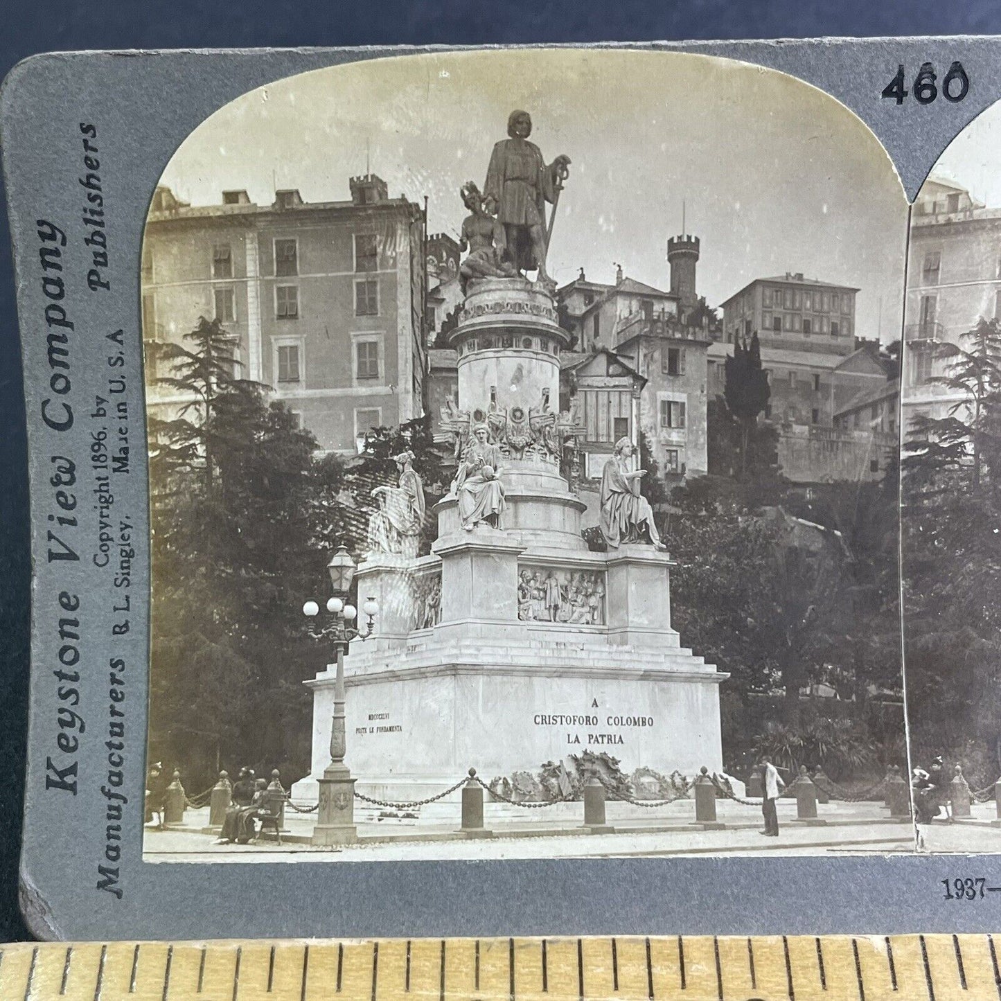 Antique 1896 Christopher Columbus Monument Genoa Ita Stereoview Photo Card P2216