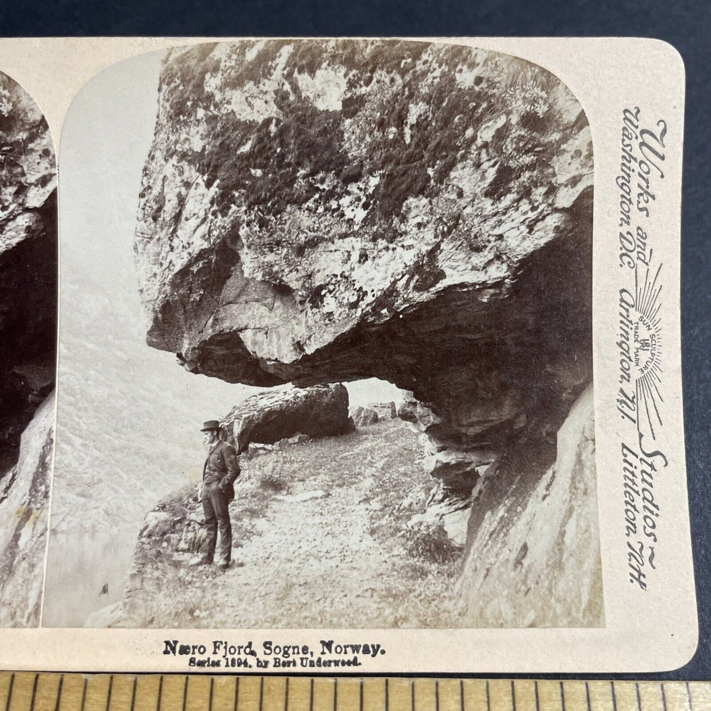 Antique 1894 Man Standing Under Big Rock Sogne Norway Stereoview Photo Card 4591