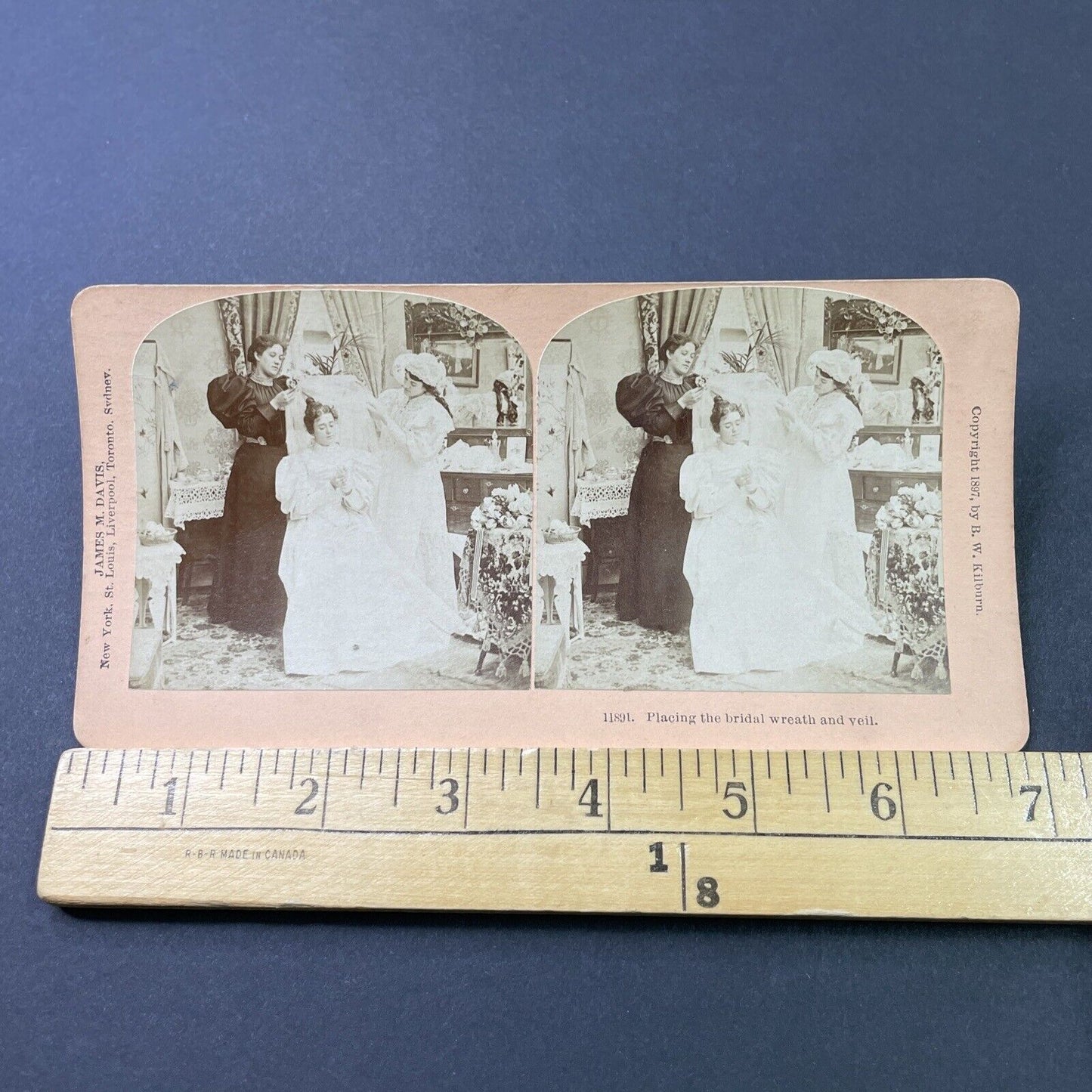 Antique 1897 Putting A Veil On A Victorian Bride Stereoview Photo Card P2951