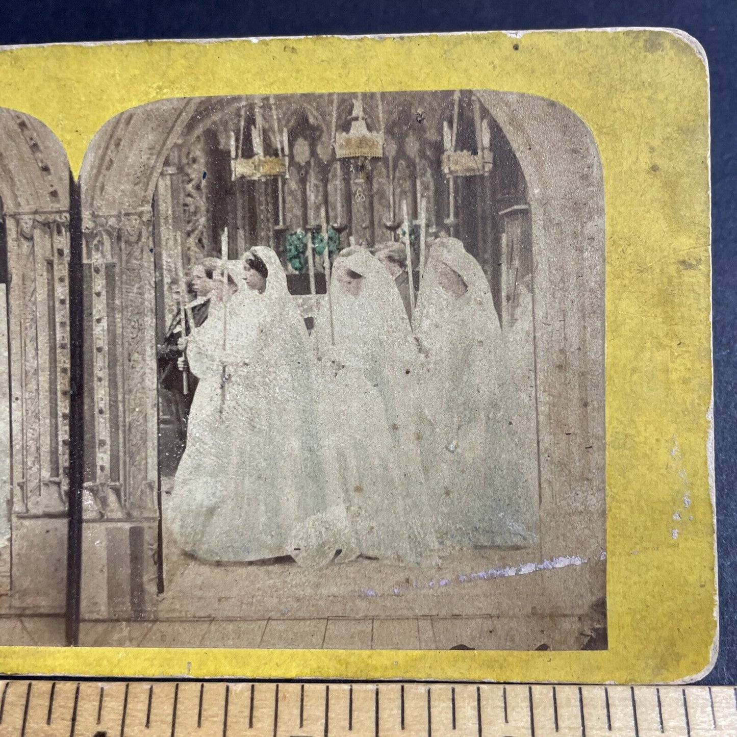 Antique 1870s Virgin Women Church Procession Stereoview Photo Card P4728