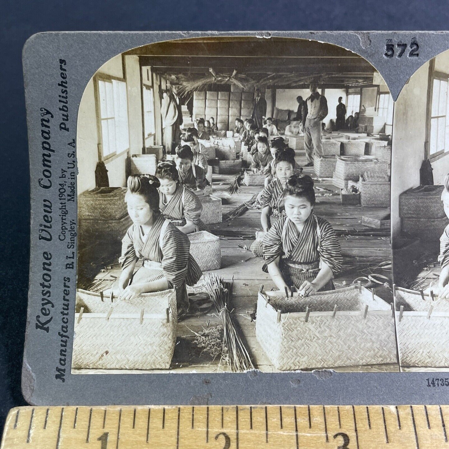 Antique 1904 Basket Factory Yoshiwara Fuji Japan Stereoview Photo Card P2122