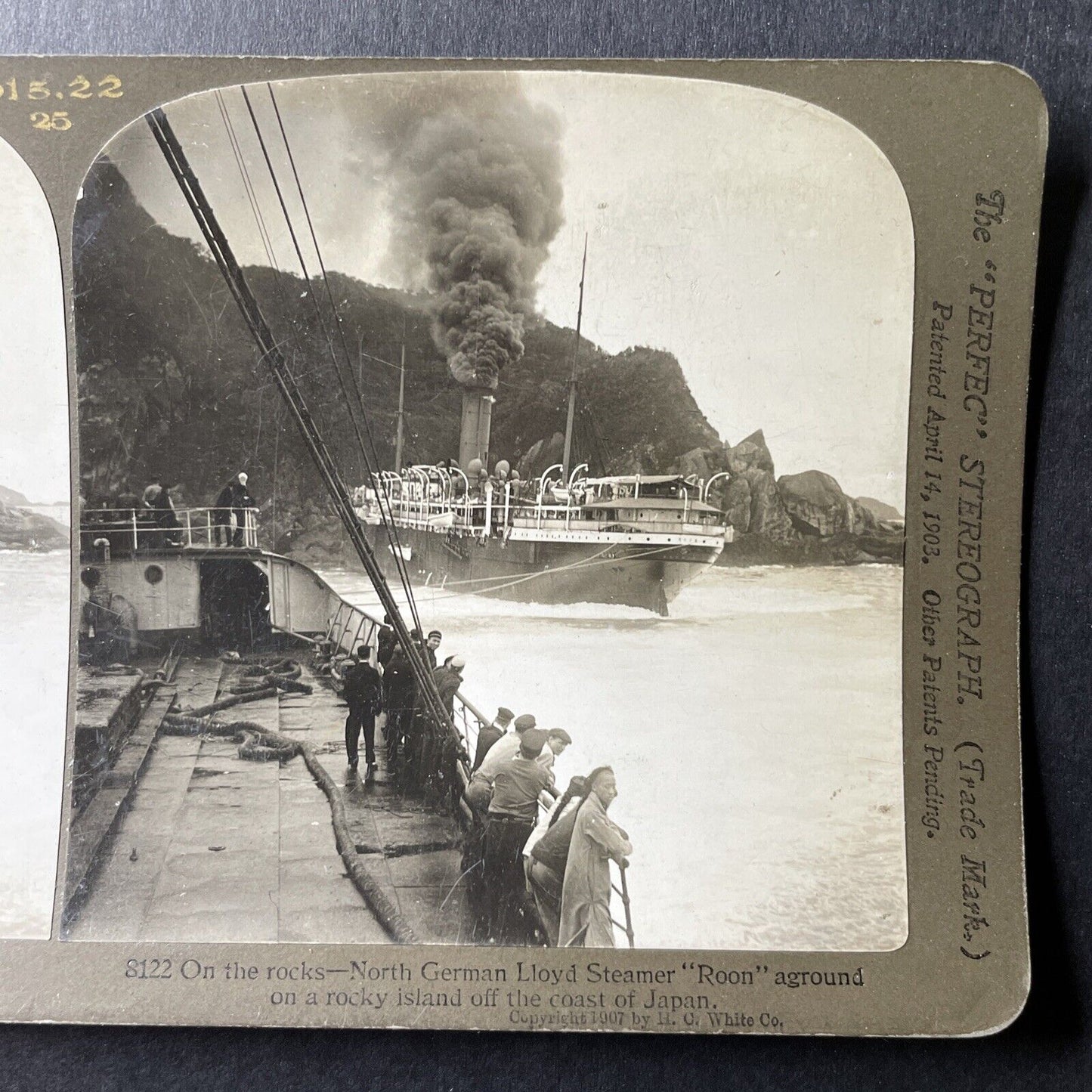 Antique 1907 SS Roon Norddeutscher Run Aground Japan Stereoview Photo Card P1011