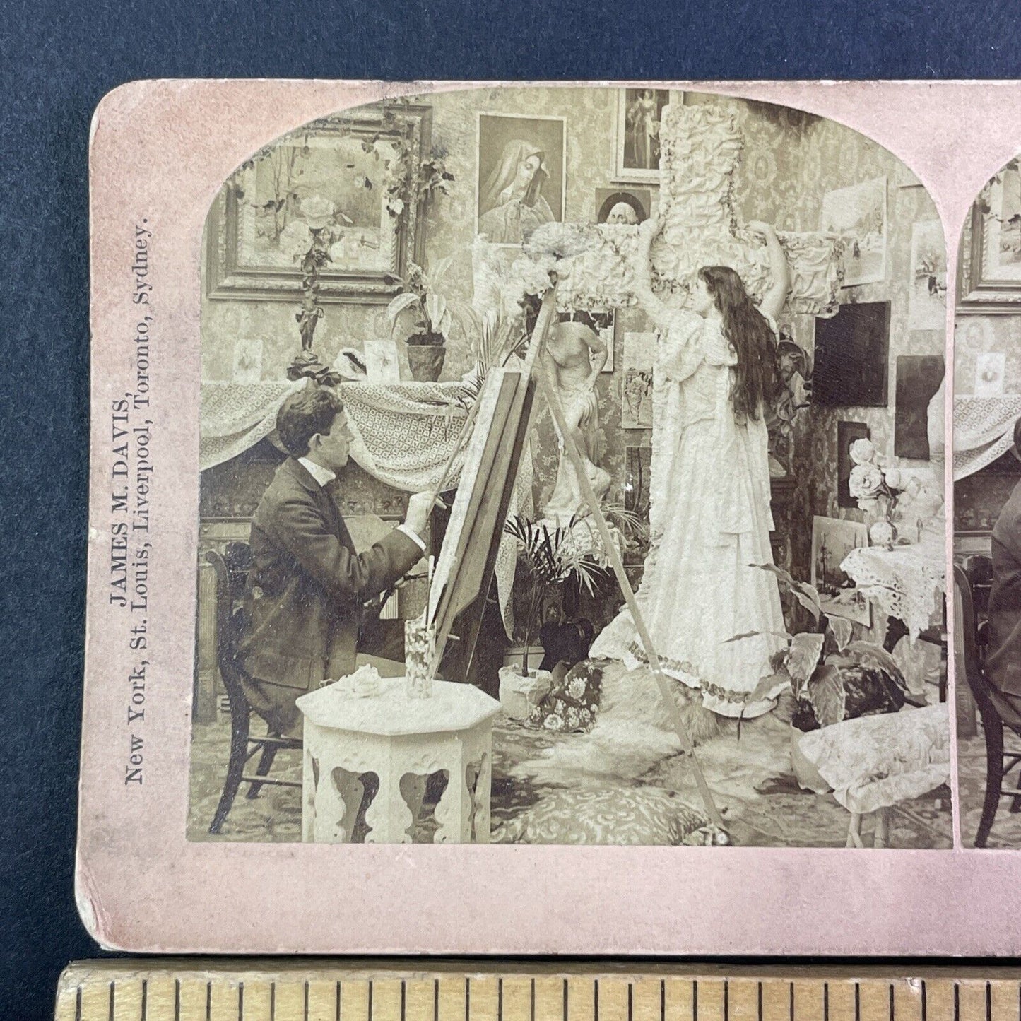 Artist Paints a Woman Hanging From a Cross Stereoview Antique c1899 Y1381